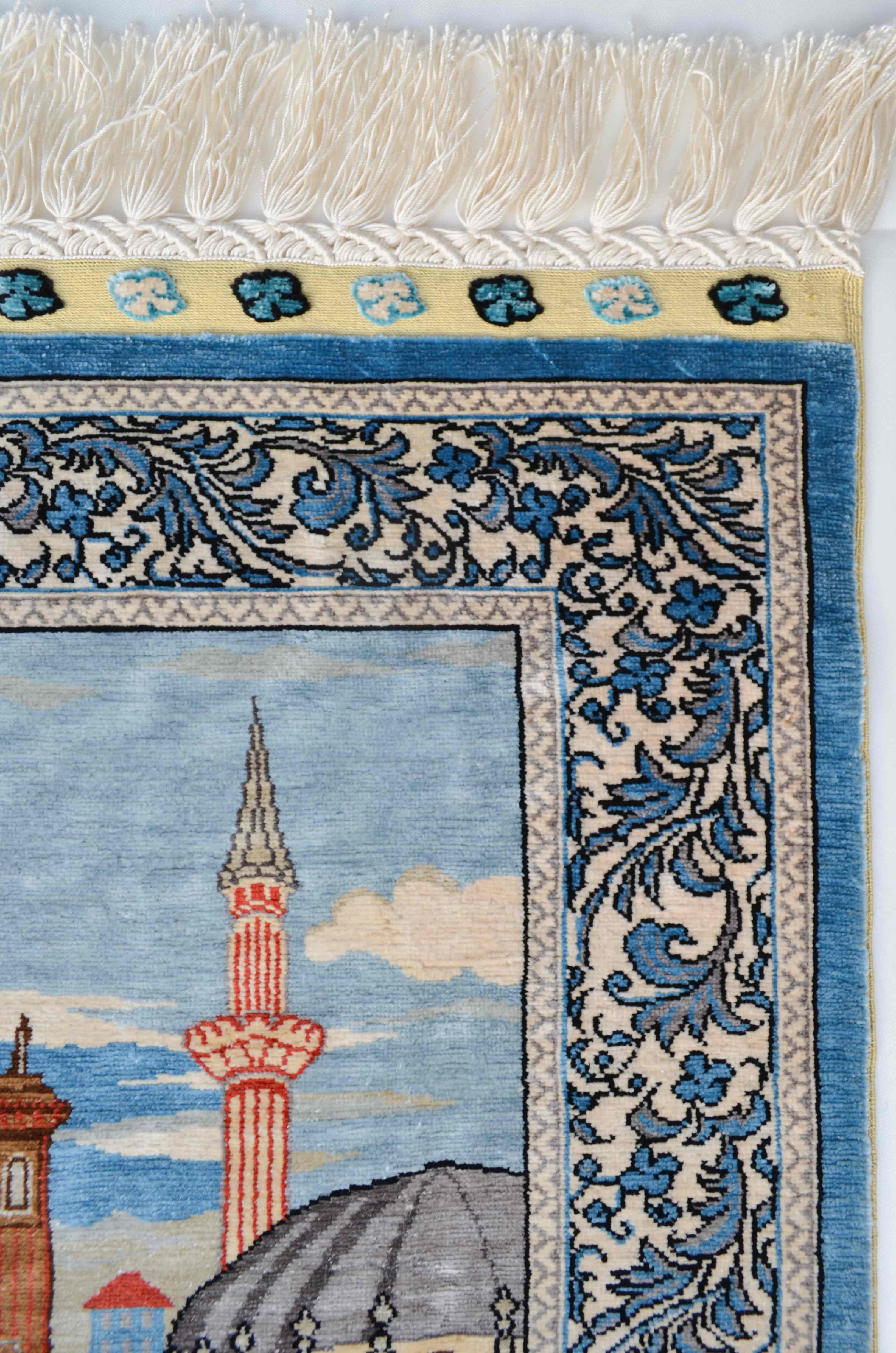 Kayıklı Cami Desenli Saf İpek El Dokuma Duvar Halısı (53x66 cm)