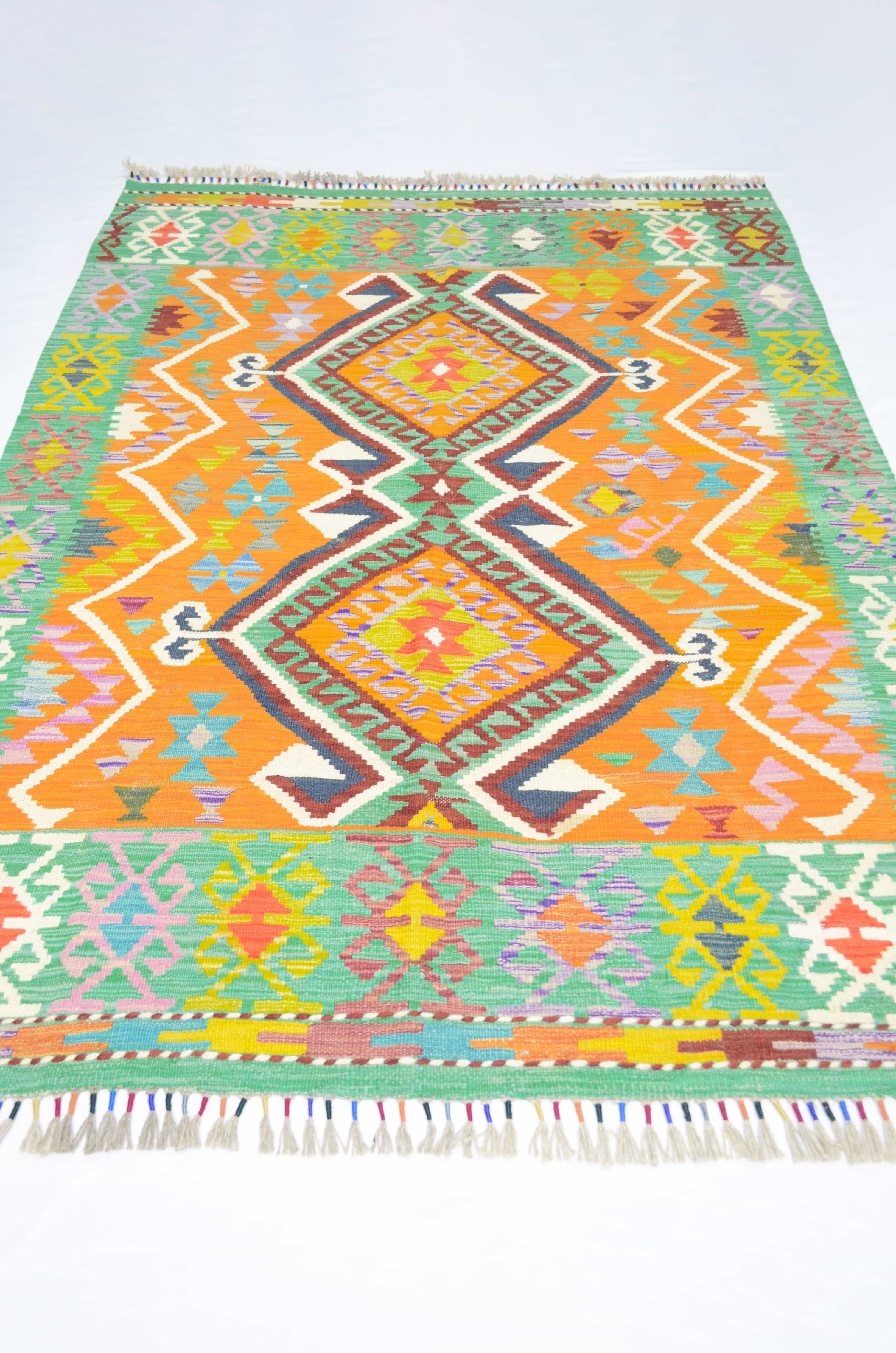 Yün İplikten El Dokuma Yeşil ve Turuncu Afgan Kilim 126x176 cm (2.22 m²)