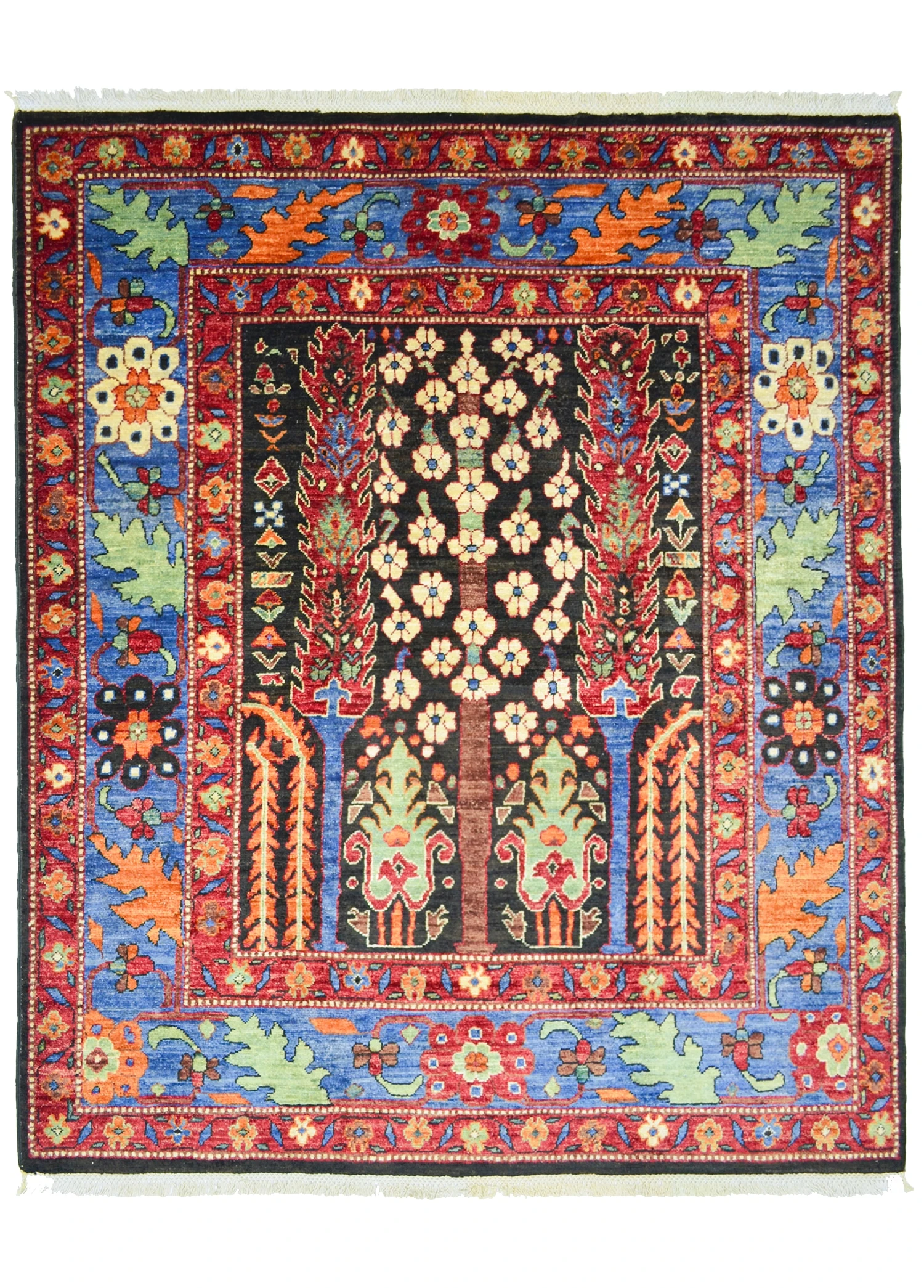 Yünden El Dokuma Hayat Ağacı Motifli Afgan Halısı 147x179 cm (2.63 m²)