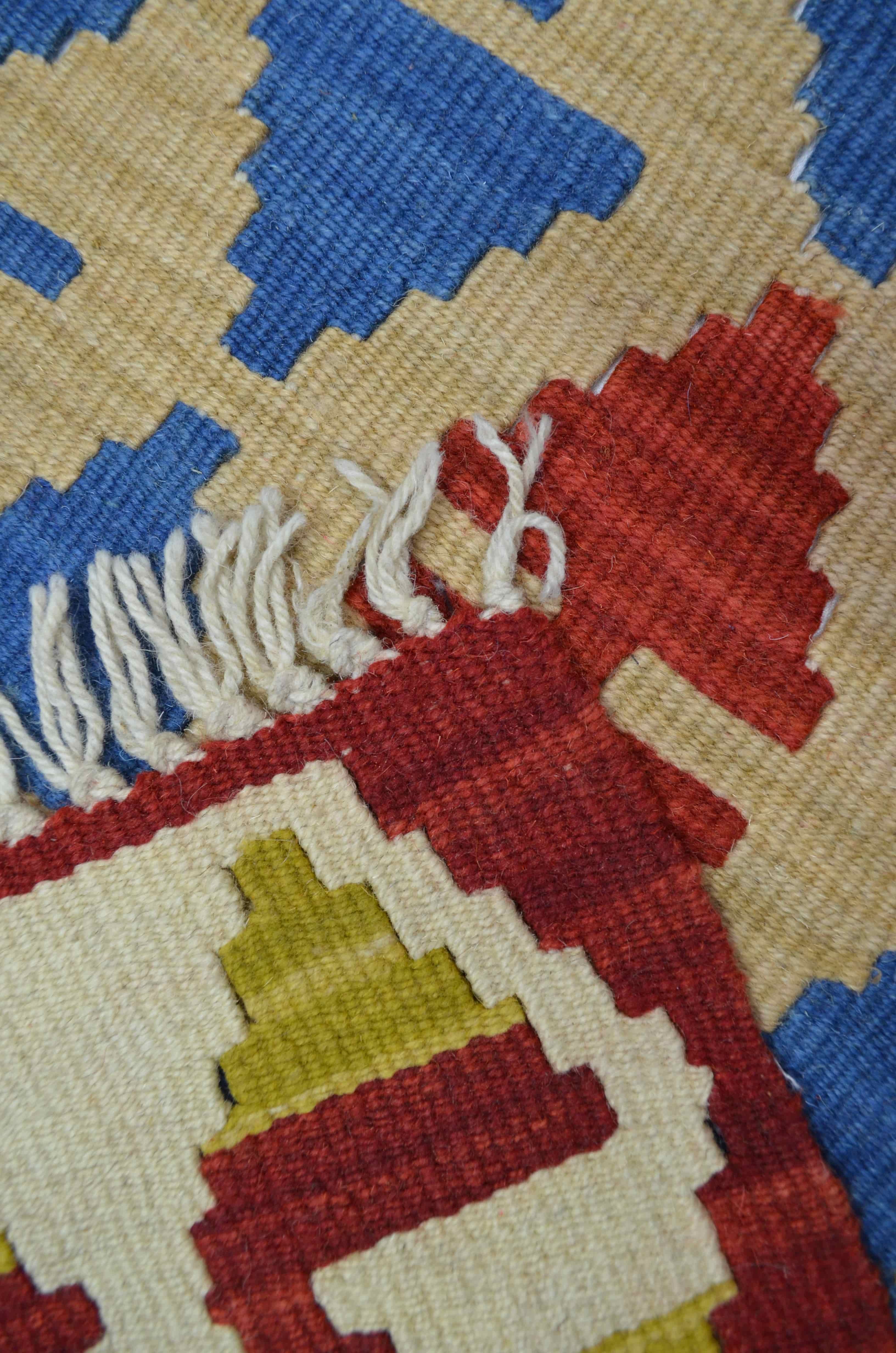 El Dokuma Kırmızı ve Mavi Renk Uşak Kilim 66x84 cm (0,55 m²)