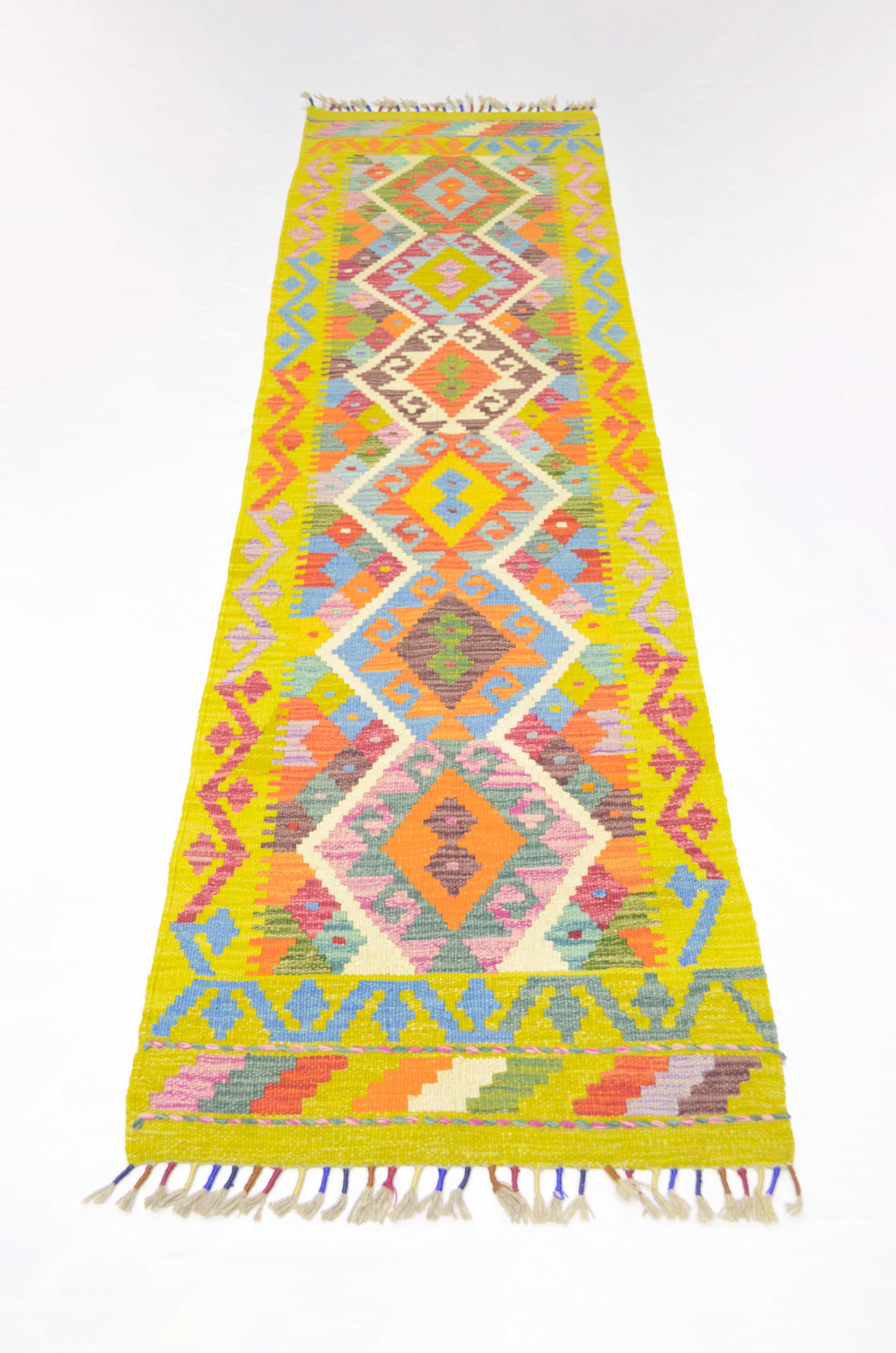 Yün İplikten El Dokuma Yeşil Renk Afgan Kilim Yolluk 57x212 cm (1.21 m²)