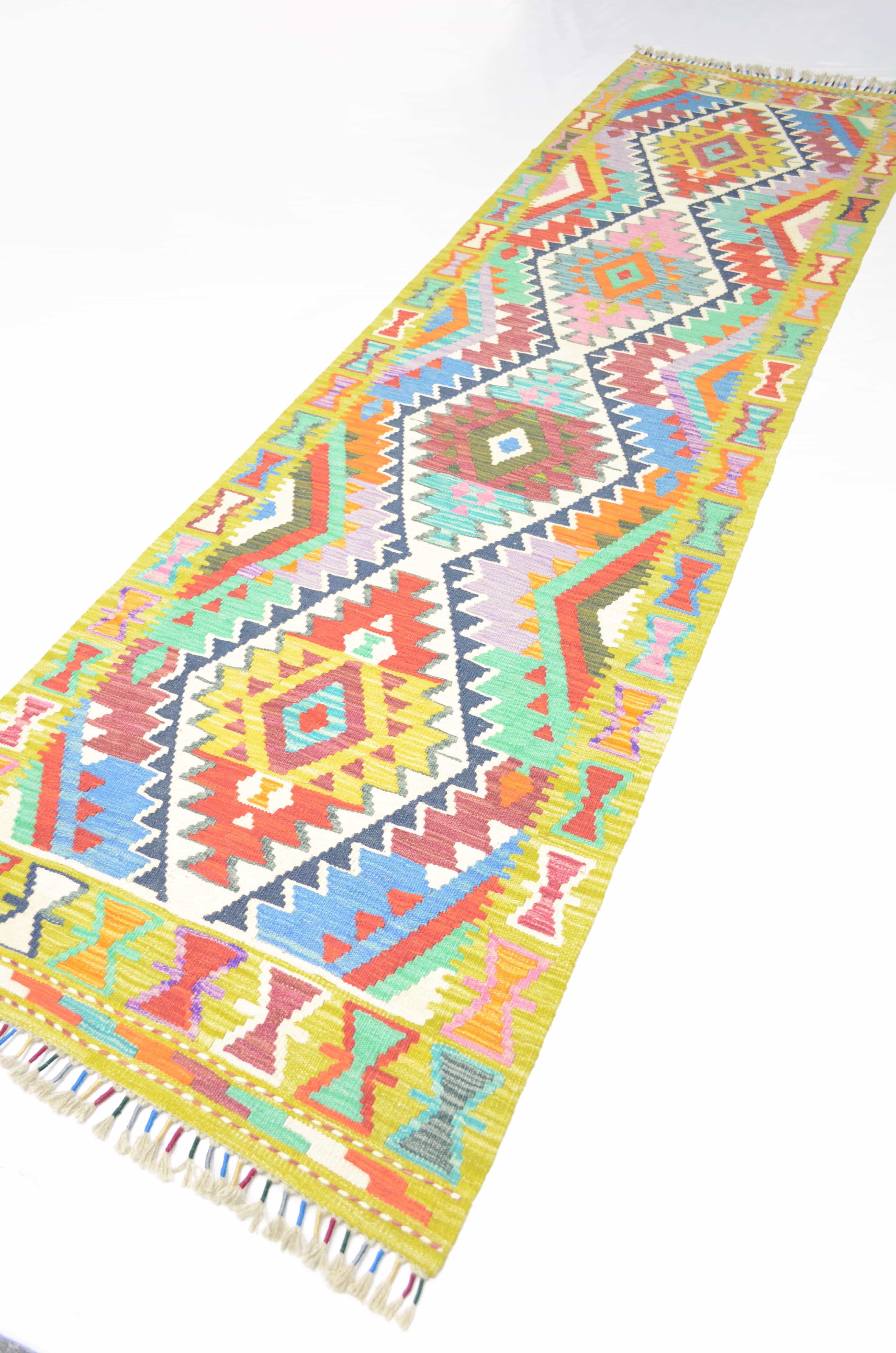 Yün İplikten El Dokuma Yeşil Renk Afgan Kilim Yolluk 82x303 cm (2.5 m²)