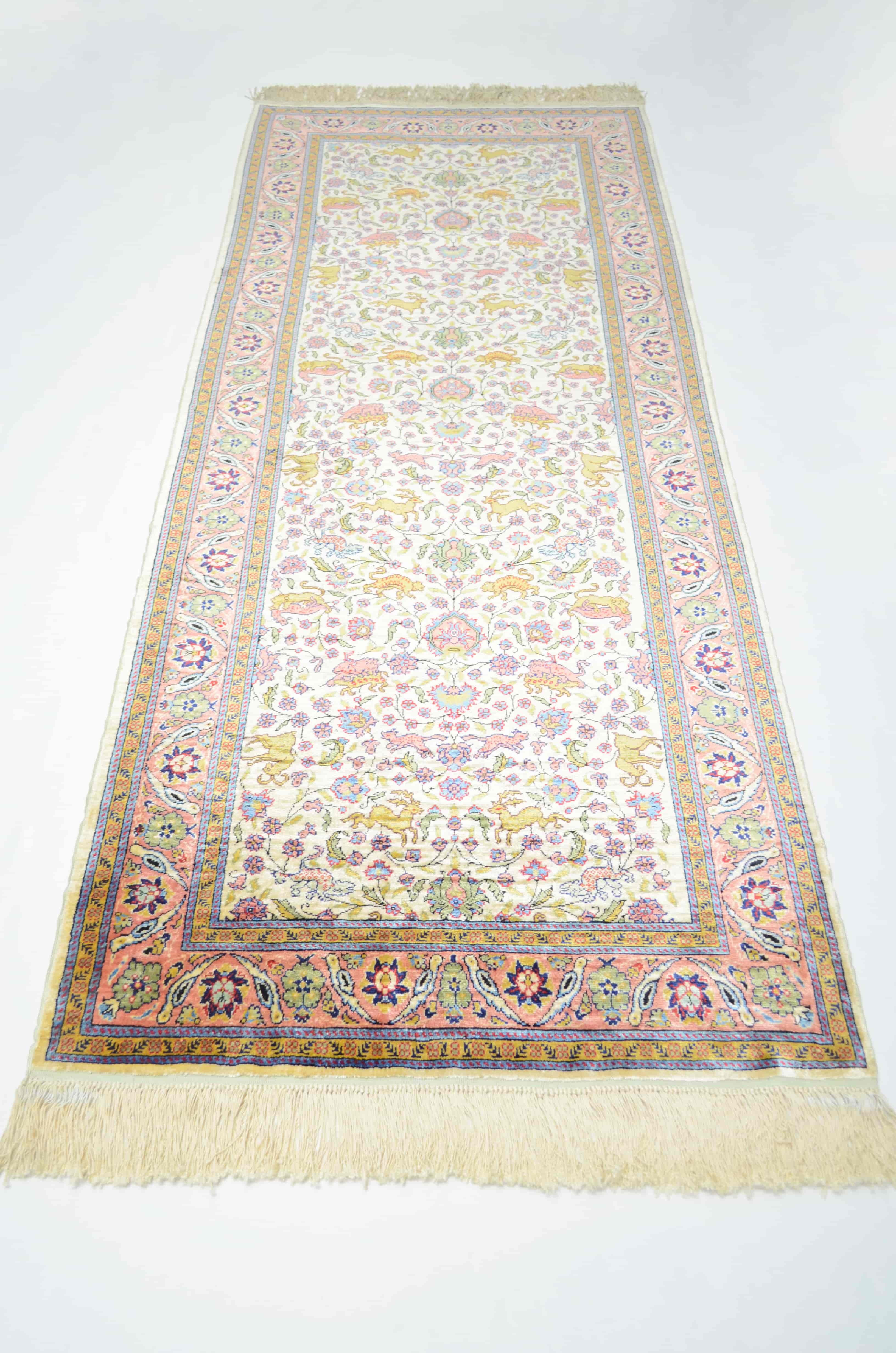 Saf İpekten El Dokuma Krem & Pembe Renk Kayseri Halısı Yolluk 82x200 cm (1.64 m²)