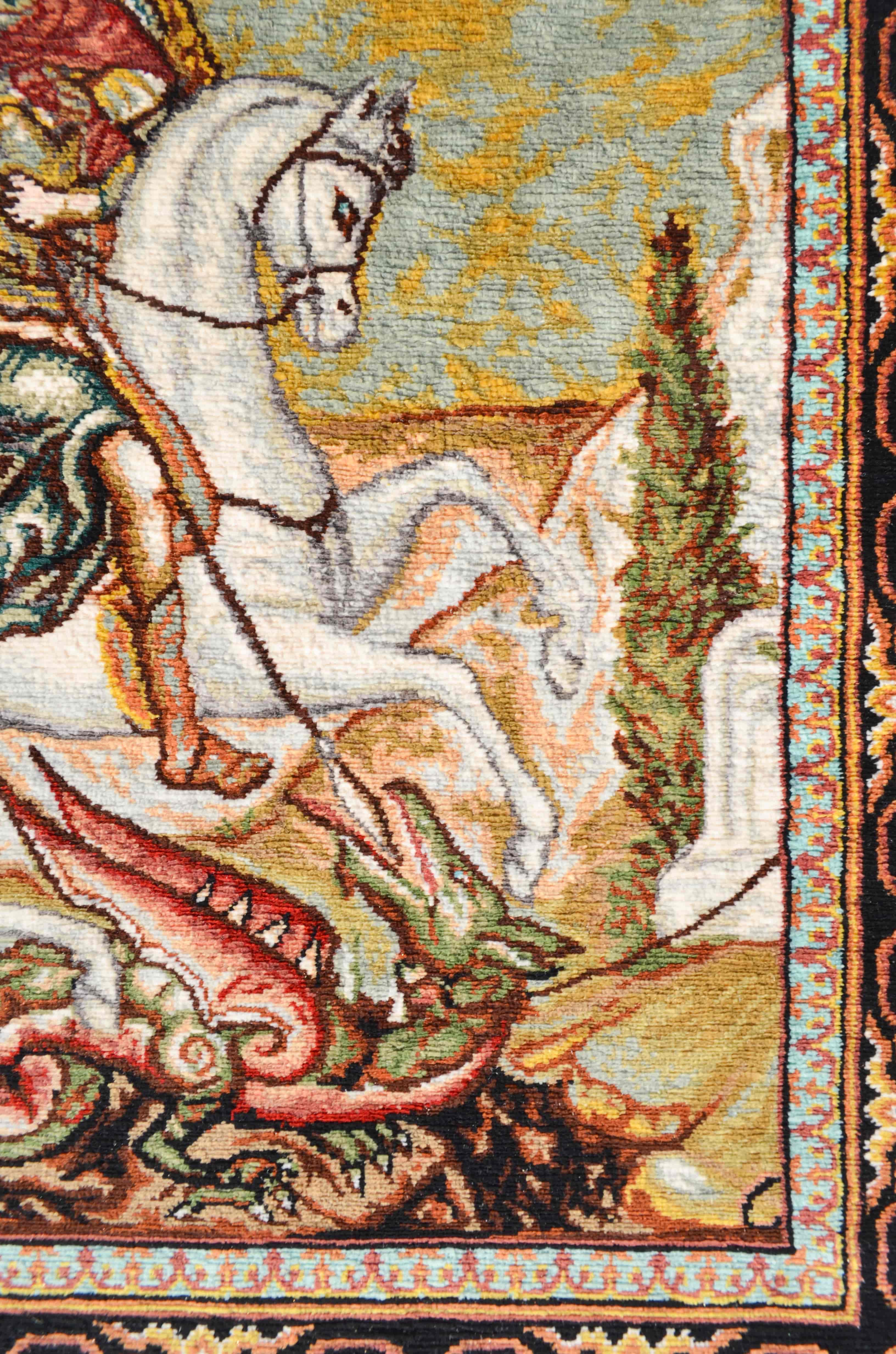 Aziz Yorgi ve Ejdarha Desenli Saf İpek El Dokuma Duvar Halısı (38x38 cm)