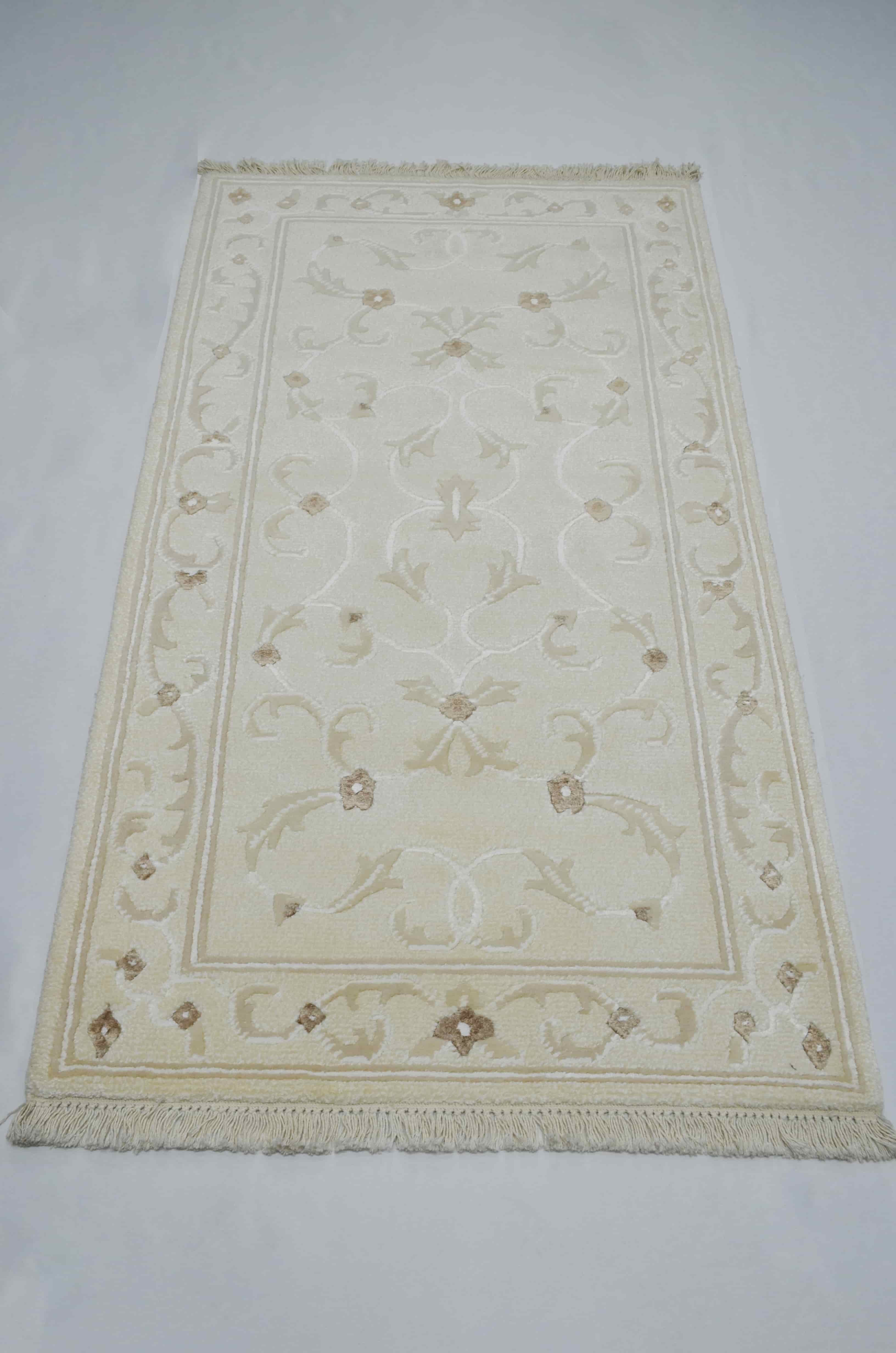 Yüksek Kalite Yünden El Dokuma Krem Renk Çiçek Desenli Nepal Halısı 80x150 cm (1.2 m²)