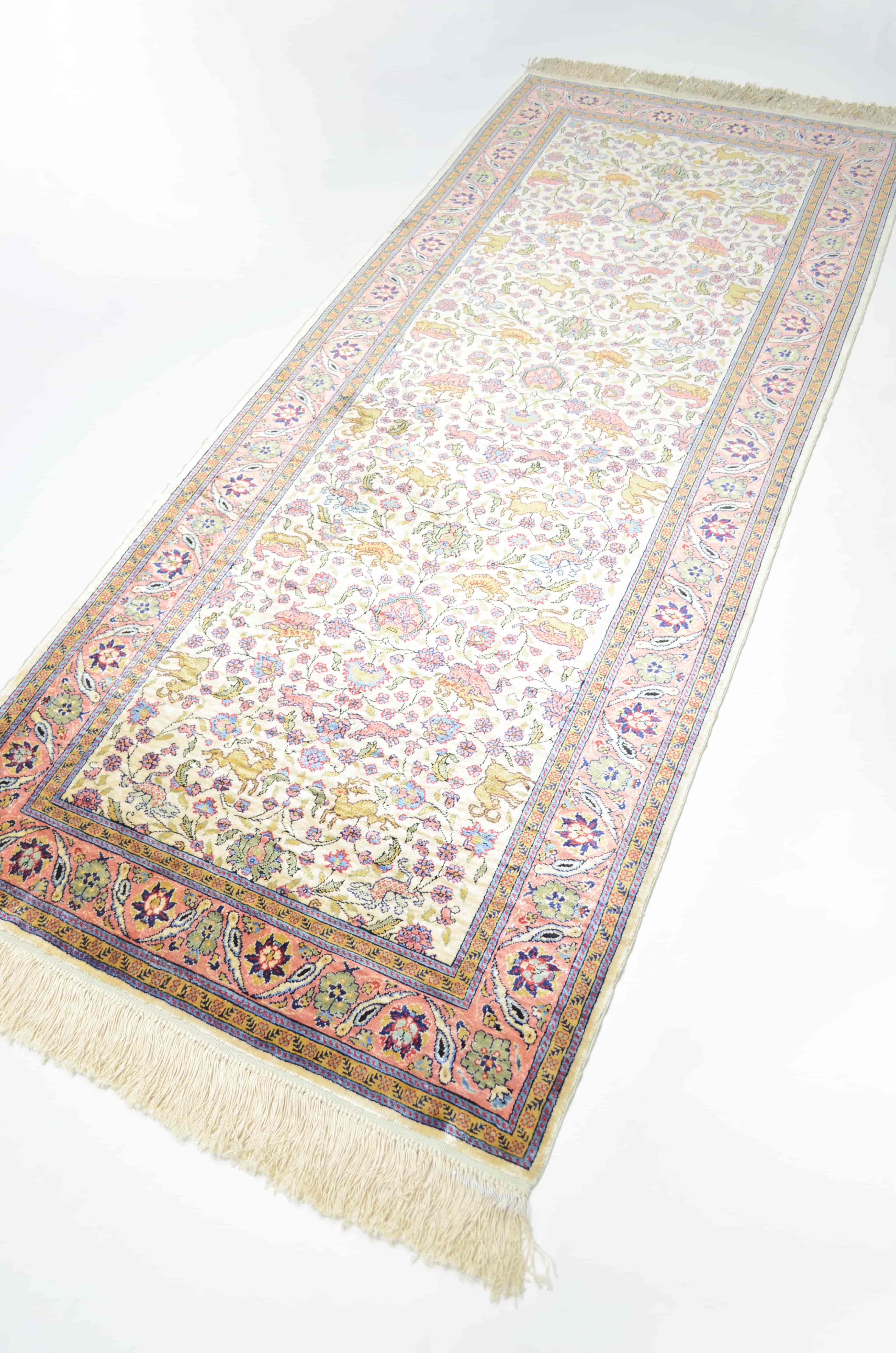 Saf İpekten El Dokuma Krem & Pembe Renk Kayseri Halısı Yolluk 82x200 cm (1.64 m²)