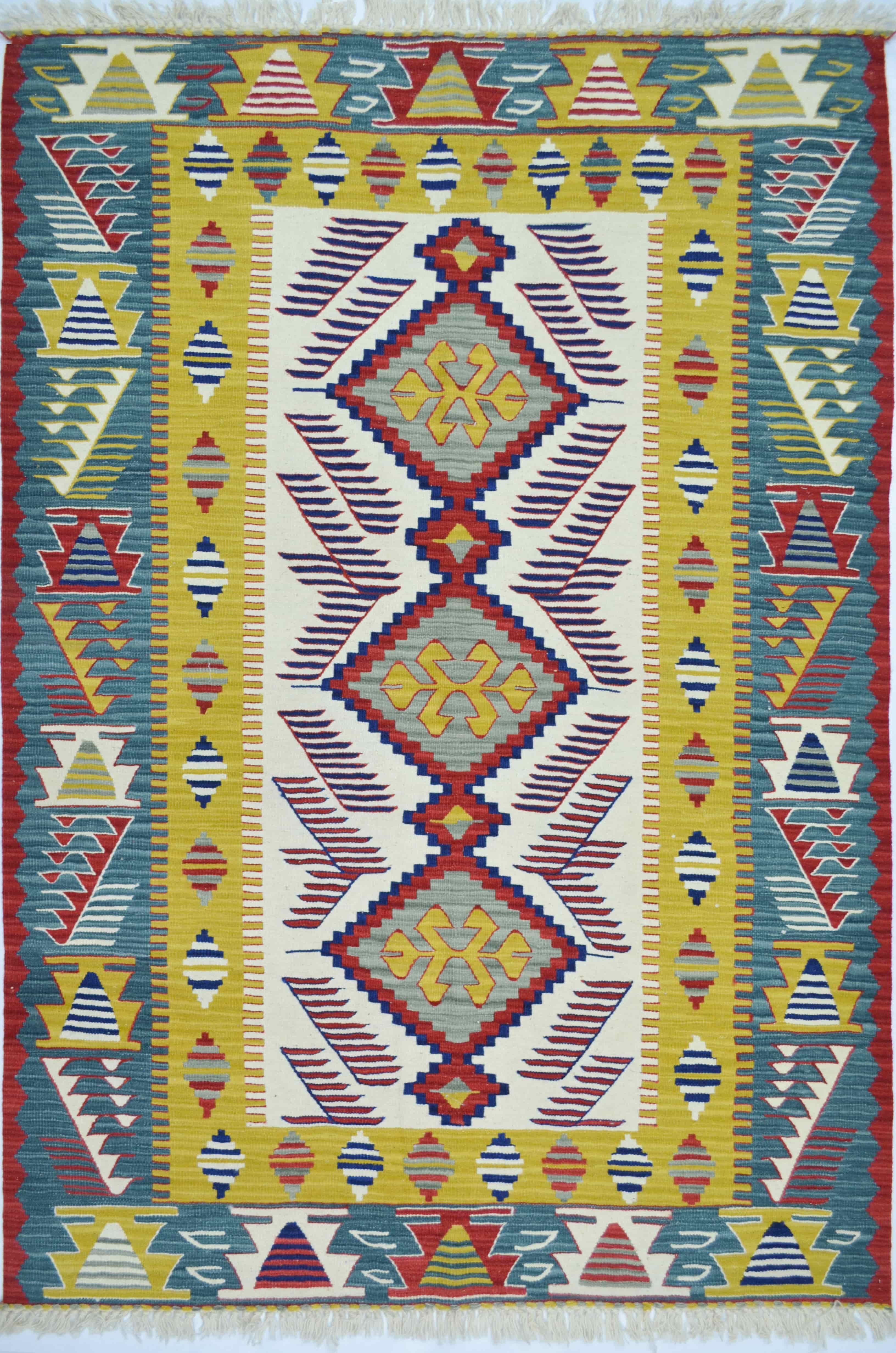 Uşak Yünden El Dokuma Yeşil, Sarı ve Bordo Renk Kilim 120x180 cm (2,16 m²)