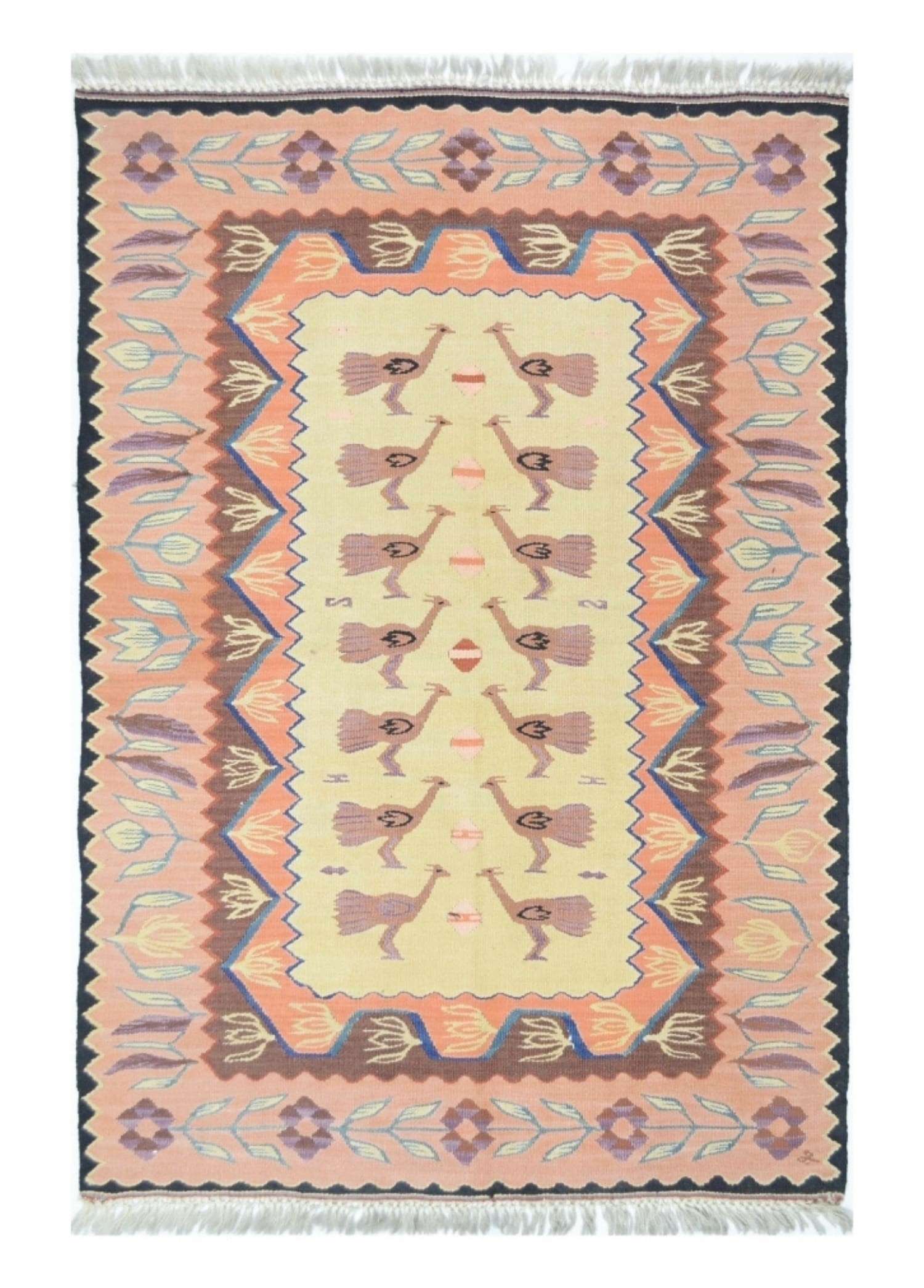 El Dokuma Pembe Tavus Kuşu Motifli Antik Süper İnce Kilim 80x120 cm (0.96 m²)