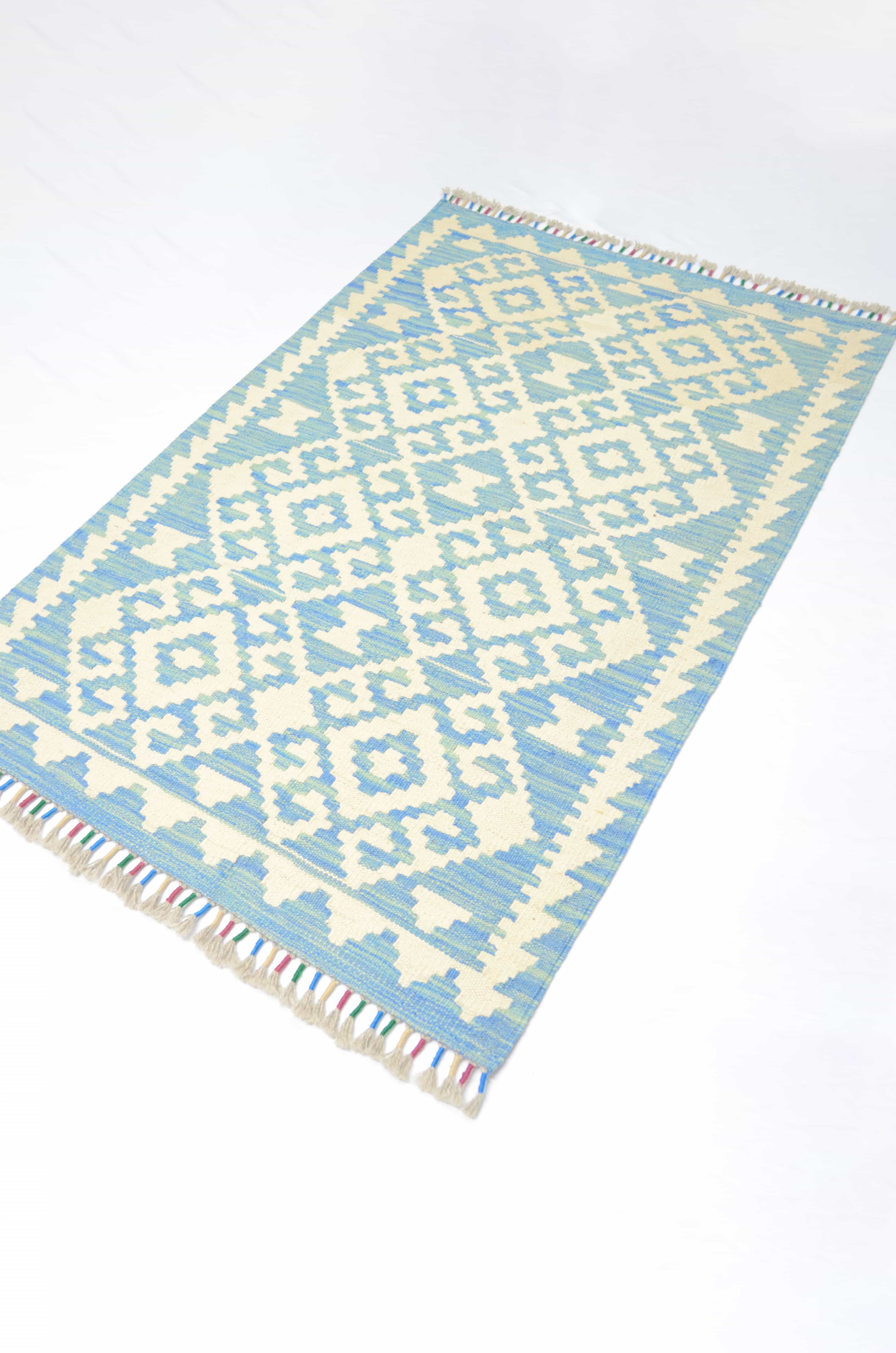 Yün İplikten El Dokuma Krem ve Mavi Renk Afgan Kilim 83x127 cm (1.05 m²)