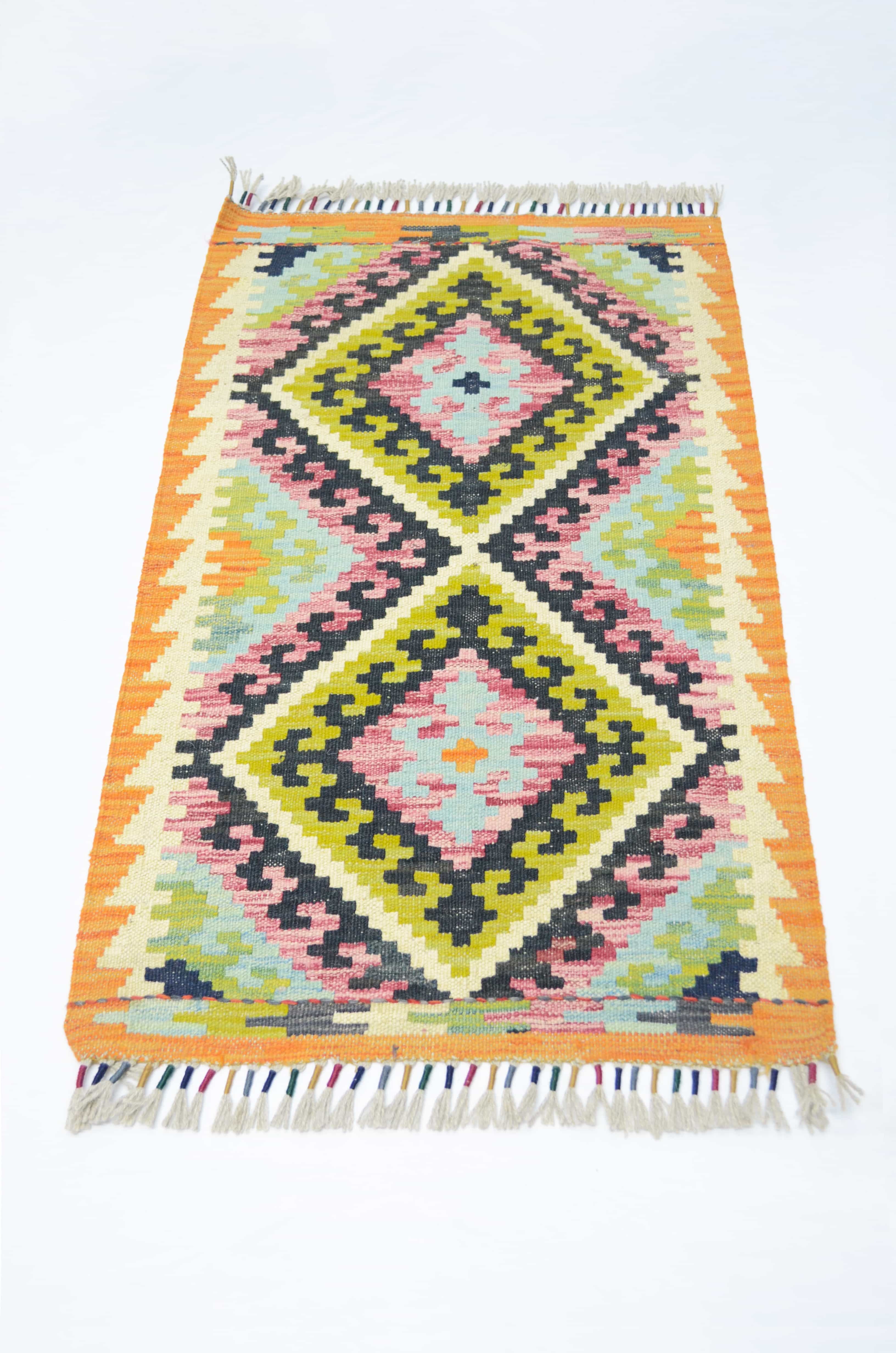 Yün İplikten El Dokuma Turuncu Renk Afgan Kilim 61x96 cm (0.59 m²)