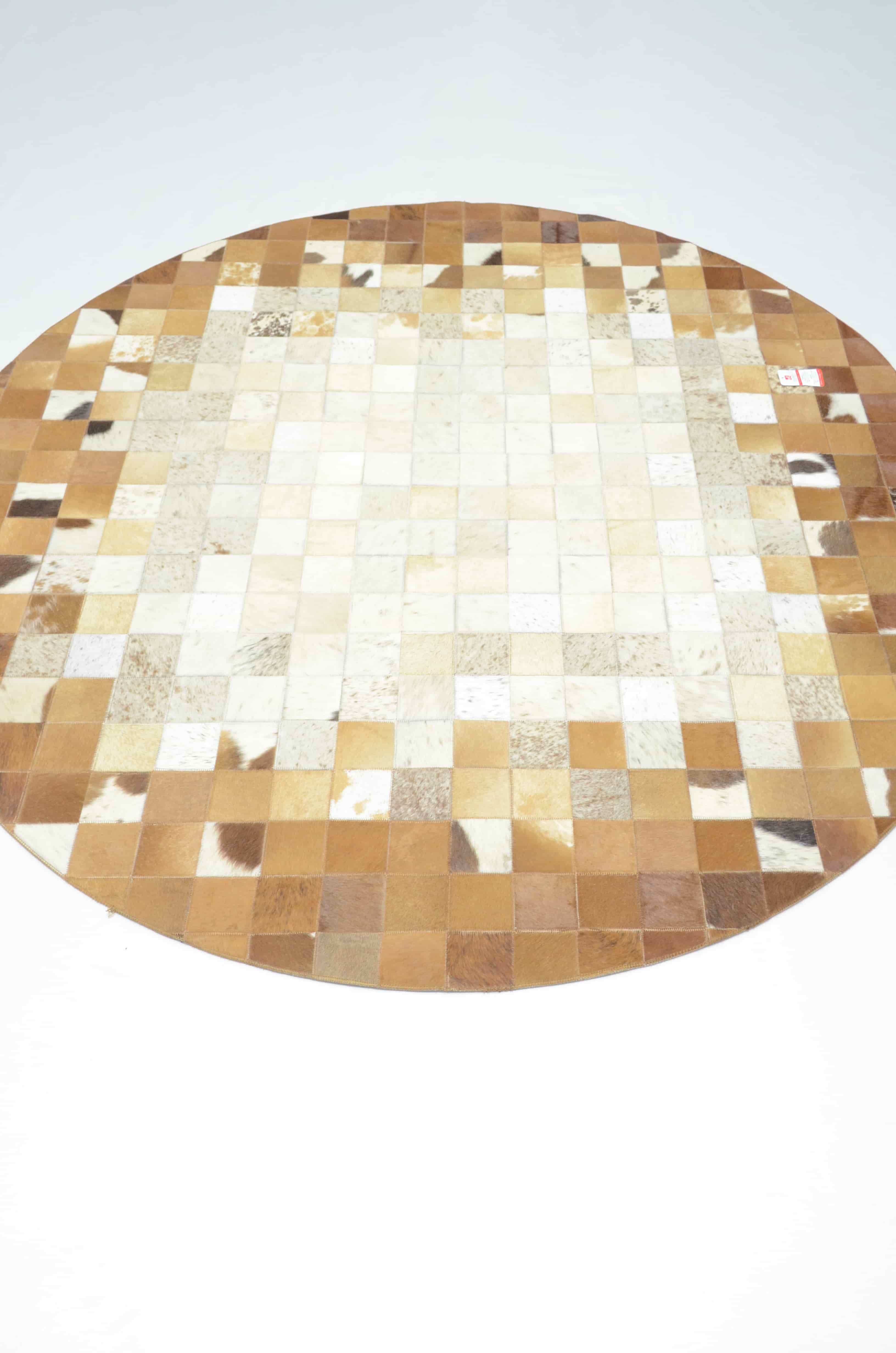 Krem ve Kahverengi Yuvarlak Deri Patchwork Halı 150x150 cm (2,25 m²)