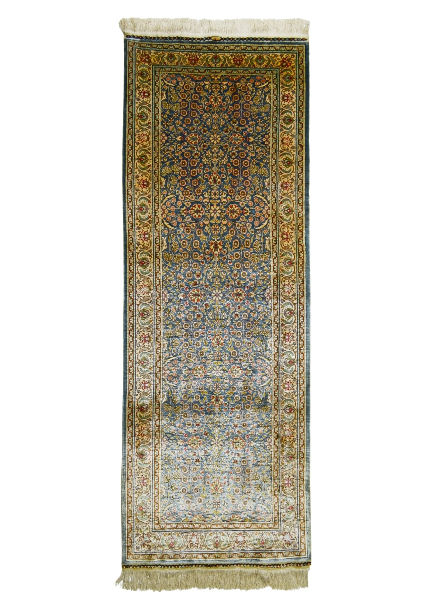 Saf İpekten El Dokuma Çelik Mavisi Kayseri Halısı Yolluk 85x220 cm (1.87 m²)