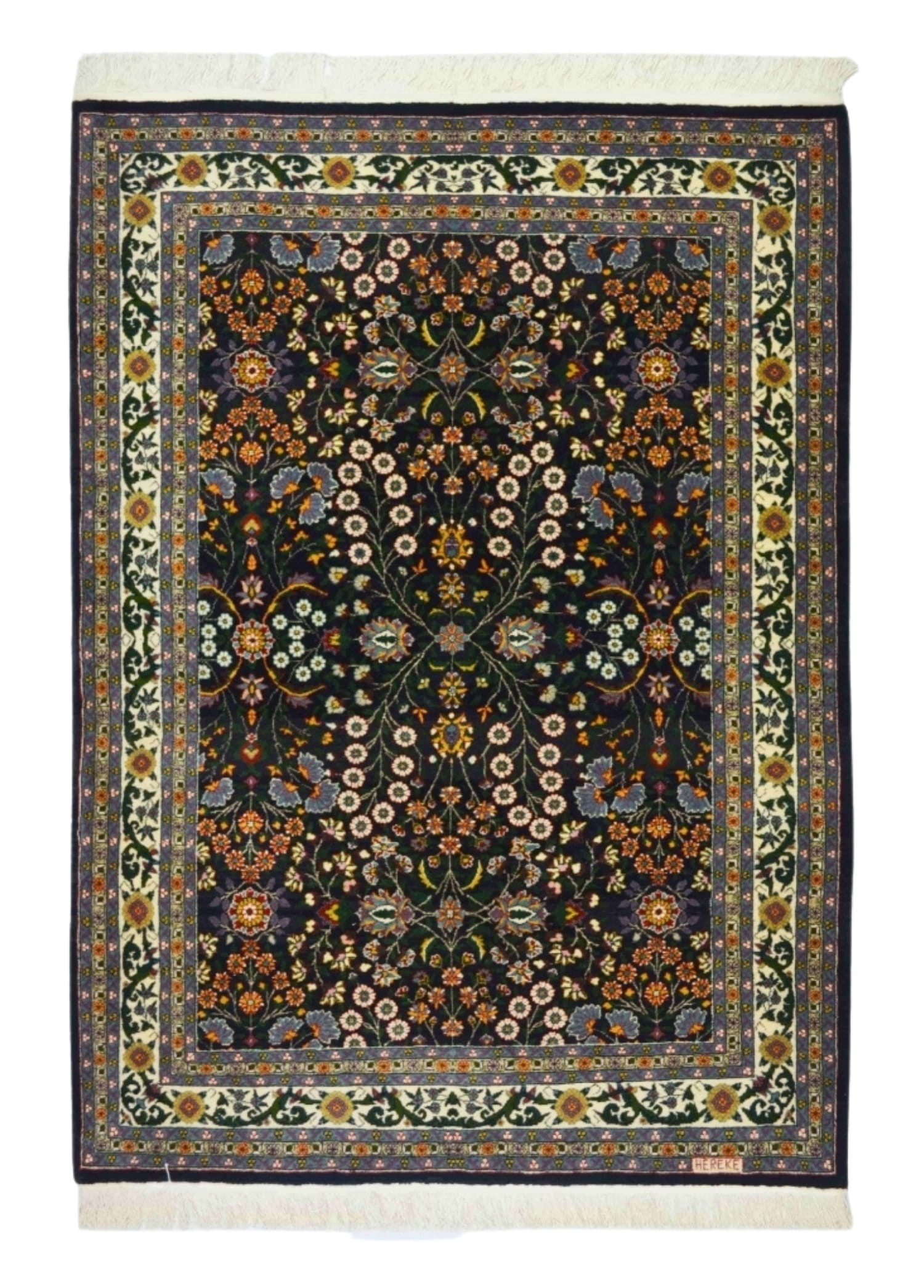 Yedi Dağın Çiçeği Desenli Siyah Renk Yünden El Dokuma Hereke Halısı 123x168 cm (2.07 m²)