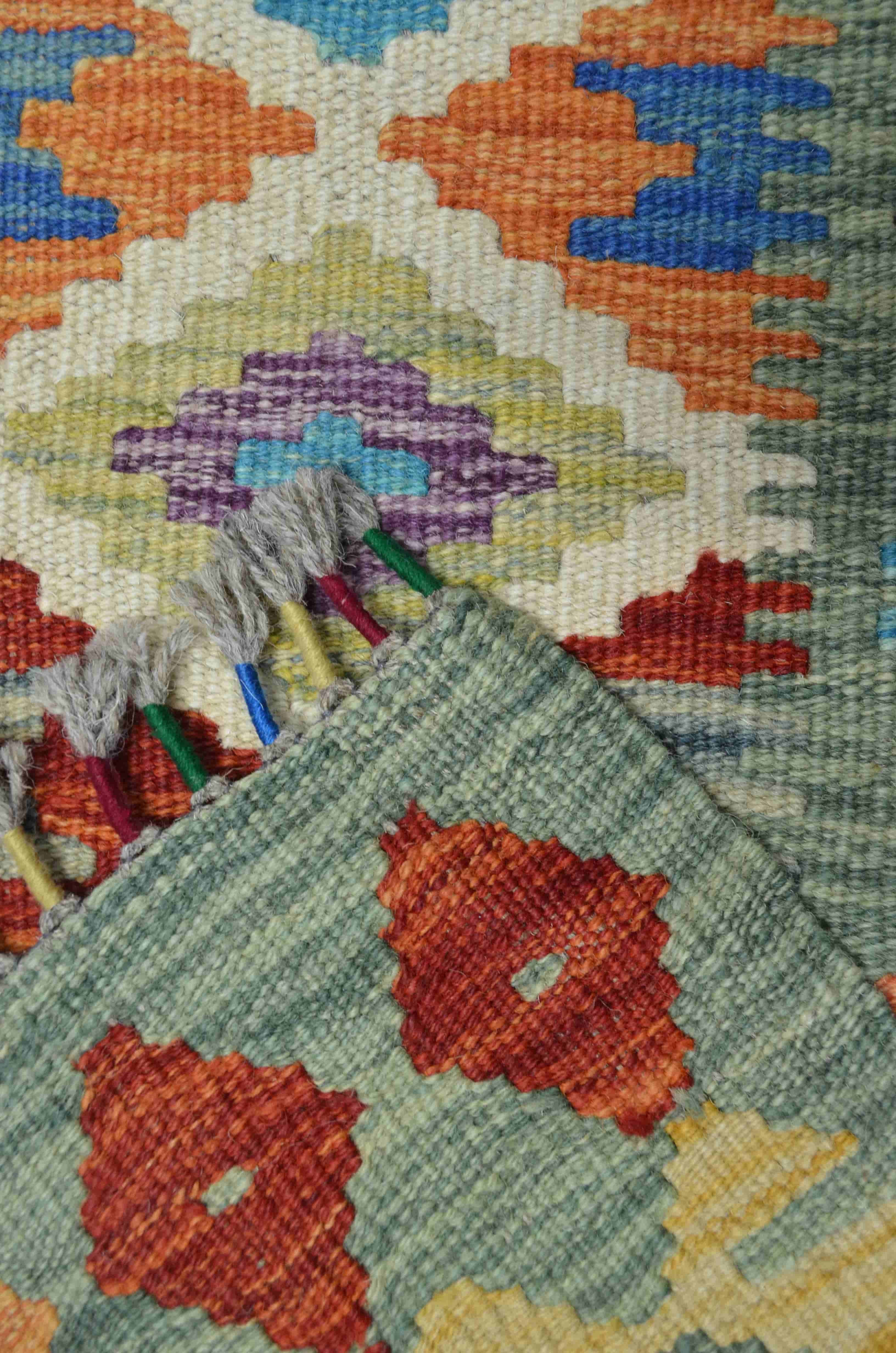 Yün İplikten El Dokuma Yeşil Renk Afgan Kilim 62x90 cm (0.56 m²)