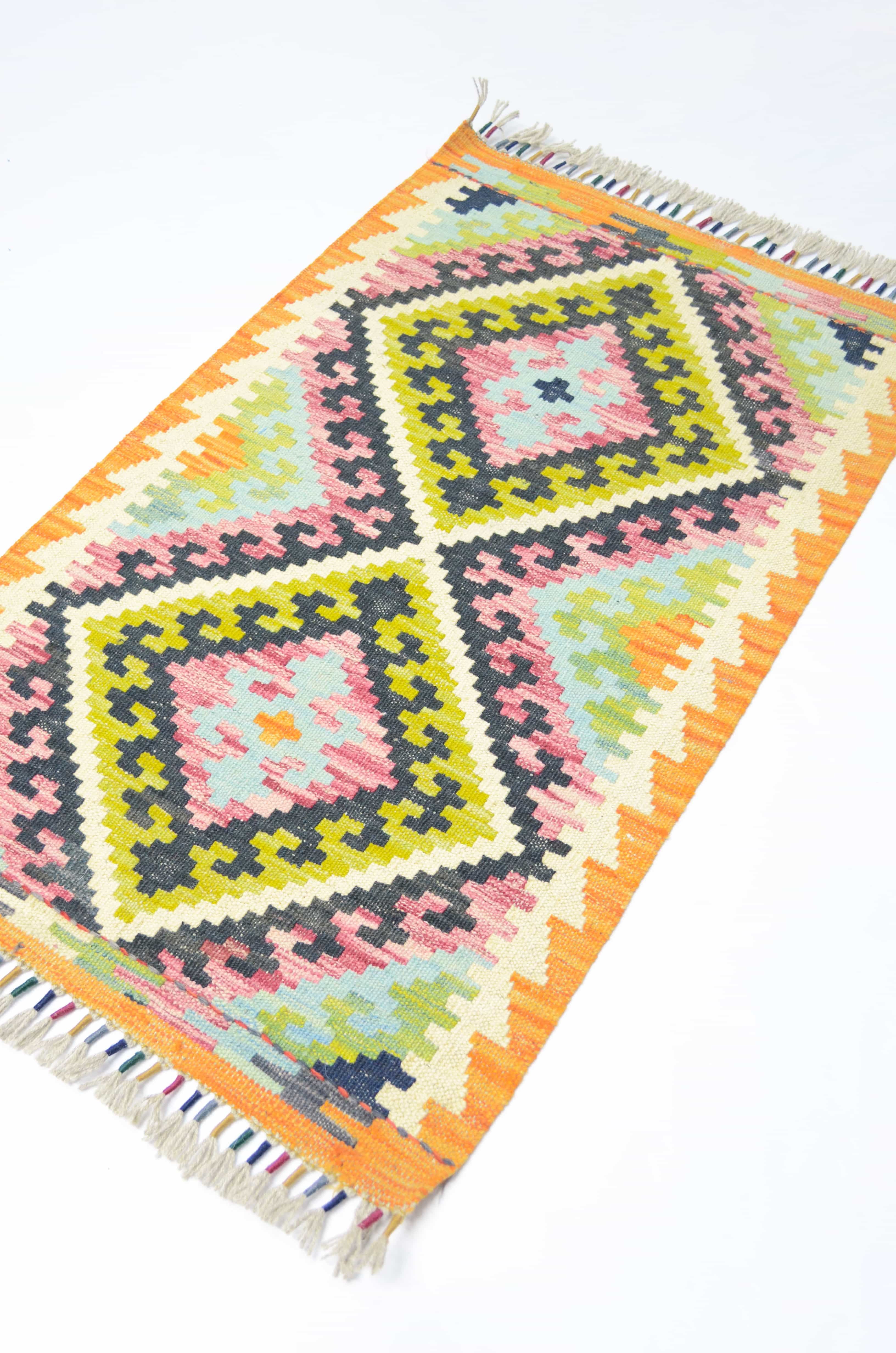 Yün İplikten El Dokuma Turuncu Renk Afgan Kilim 61x96 cm (0.59 m²)