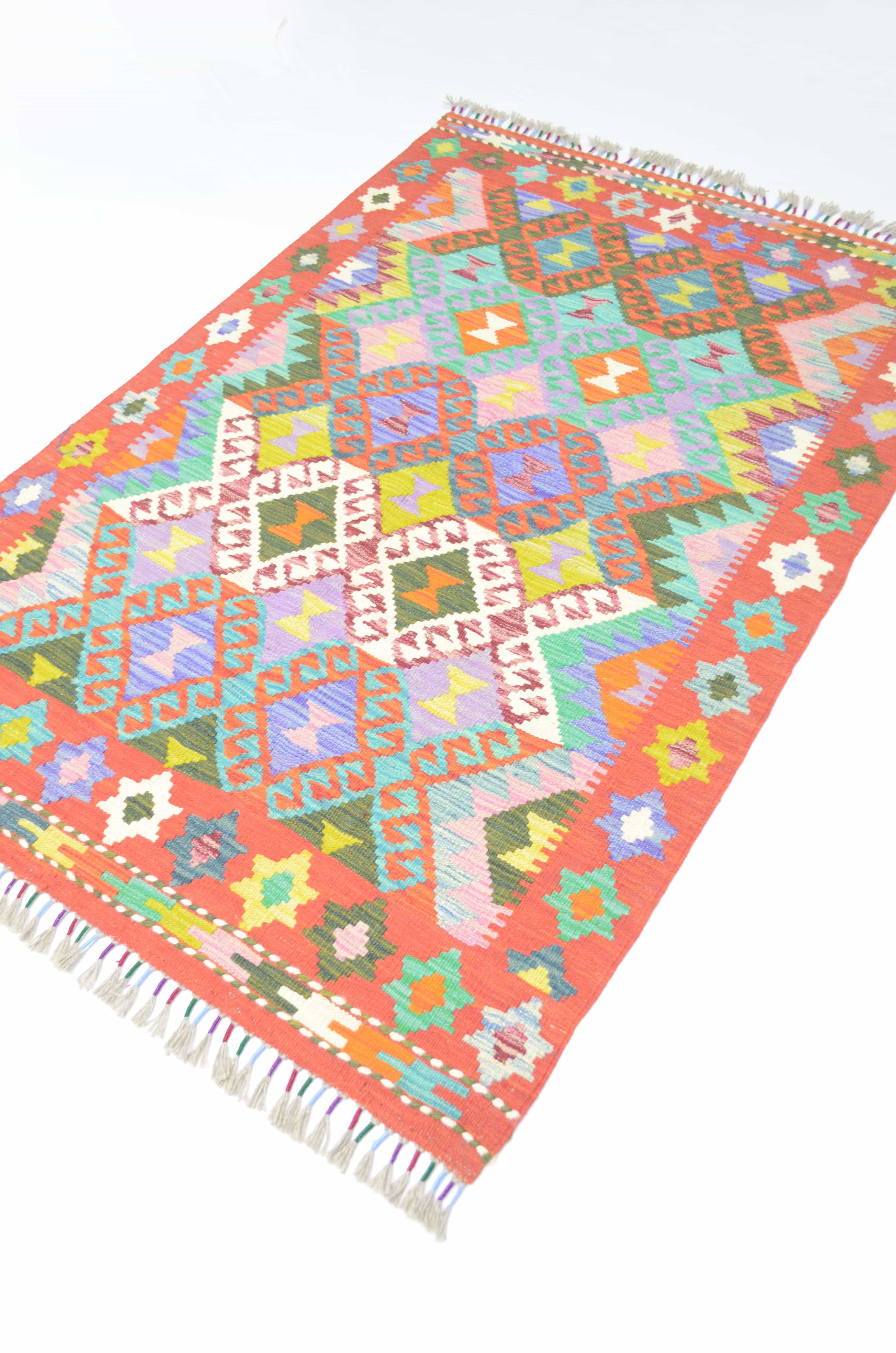 Yün İplikten El Dokuma Kırmızı Renk Afgan Kilim 100x150 cm (1.5 m²)