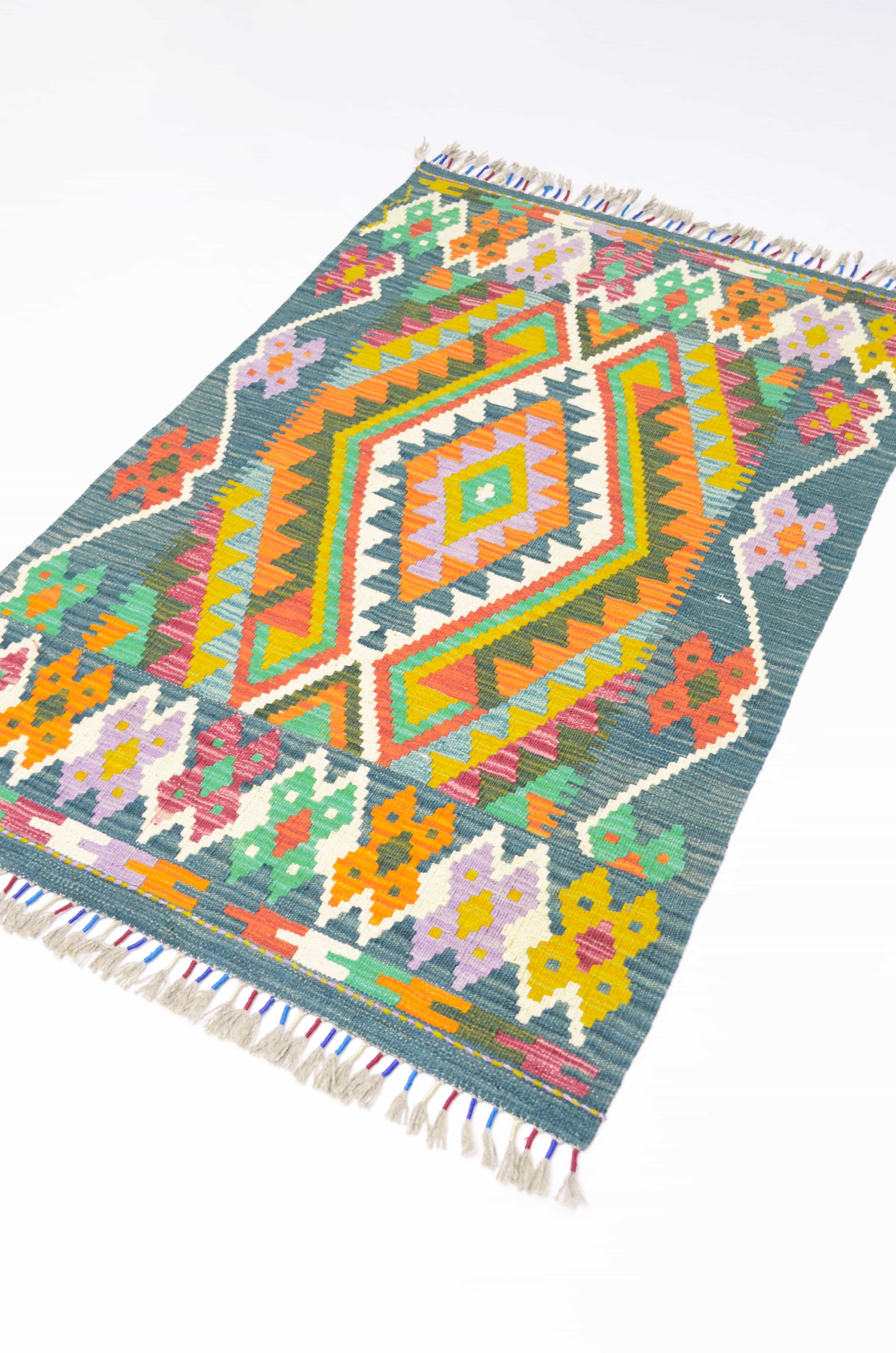 Yün İplikten El Dokuma Koyu Yeşil Afgan Kilim 82x122 cm (1 m²)