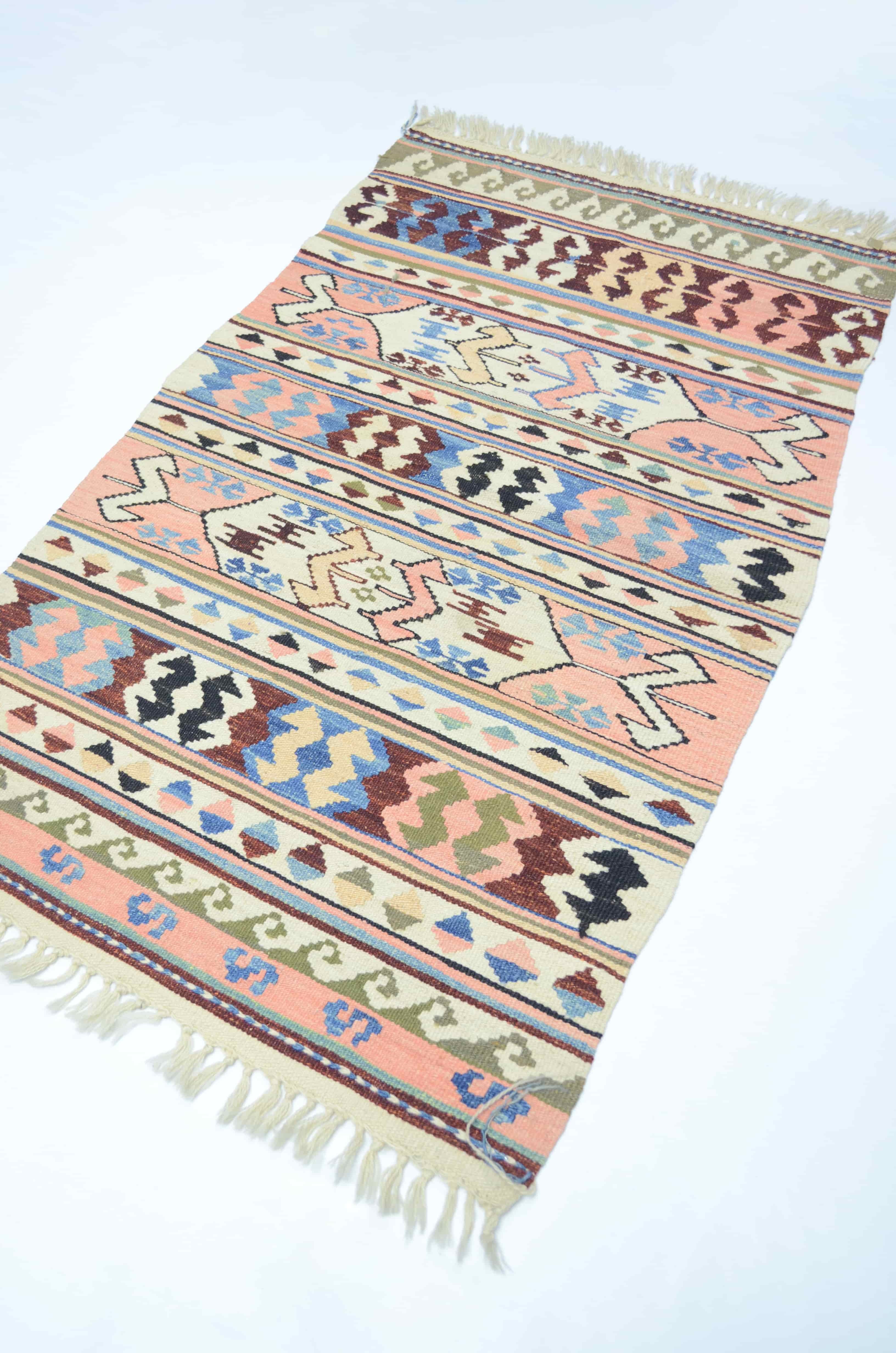 Konya Karapınar El Dokuma Pembe ve Krem Kirmen Yün Kilim 76x121 cm (0.92 m²)
