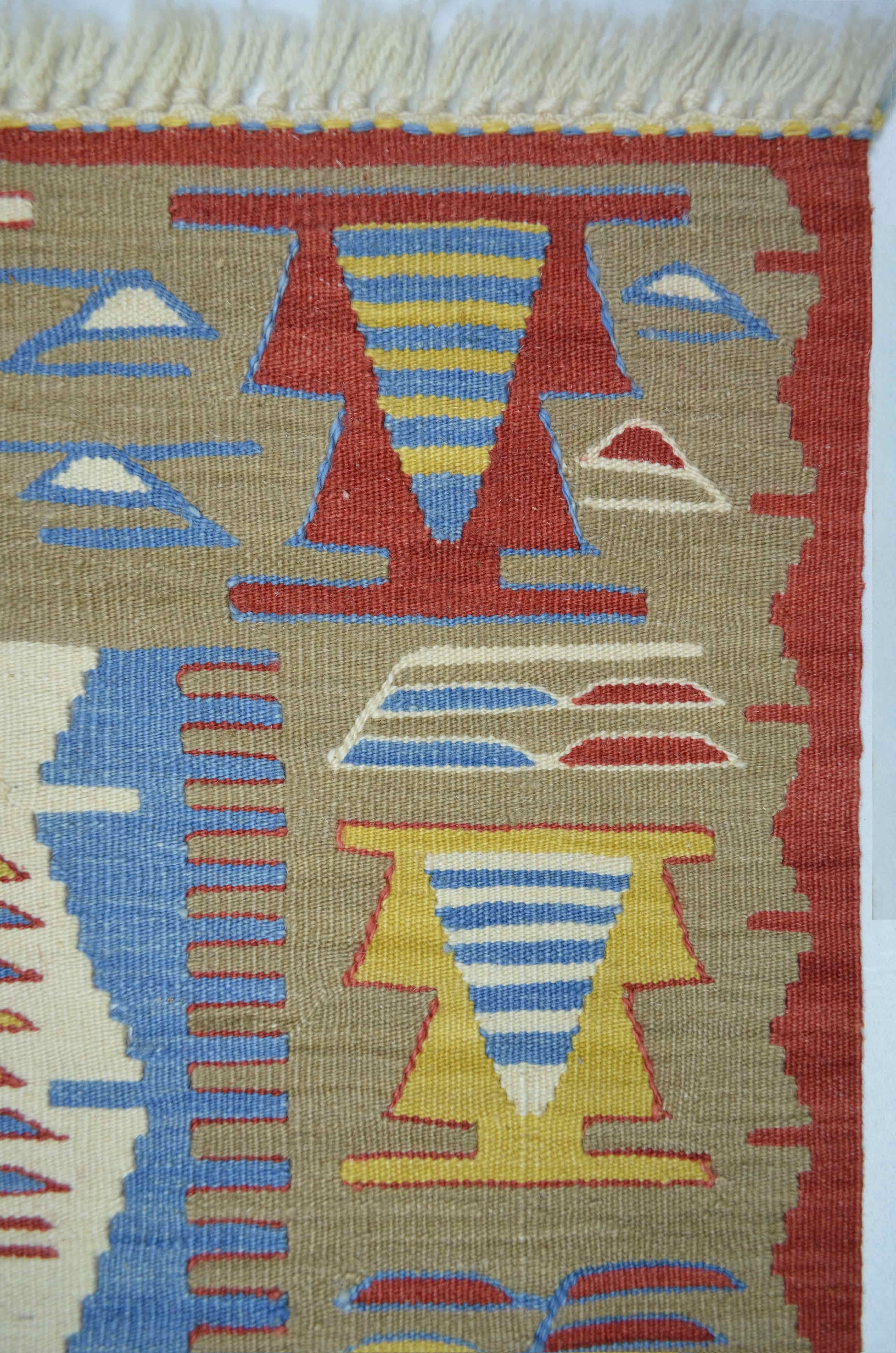 Uşak Yünden El Dokuma Yeşil, Mavi ve Kırmızı Renk Kilim 90x120 cm (1,08 m²)