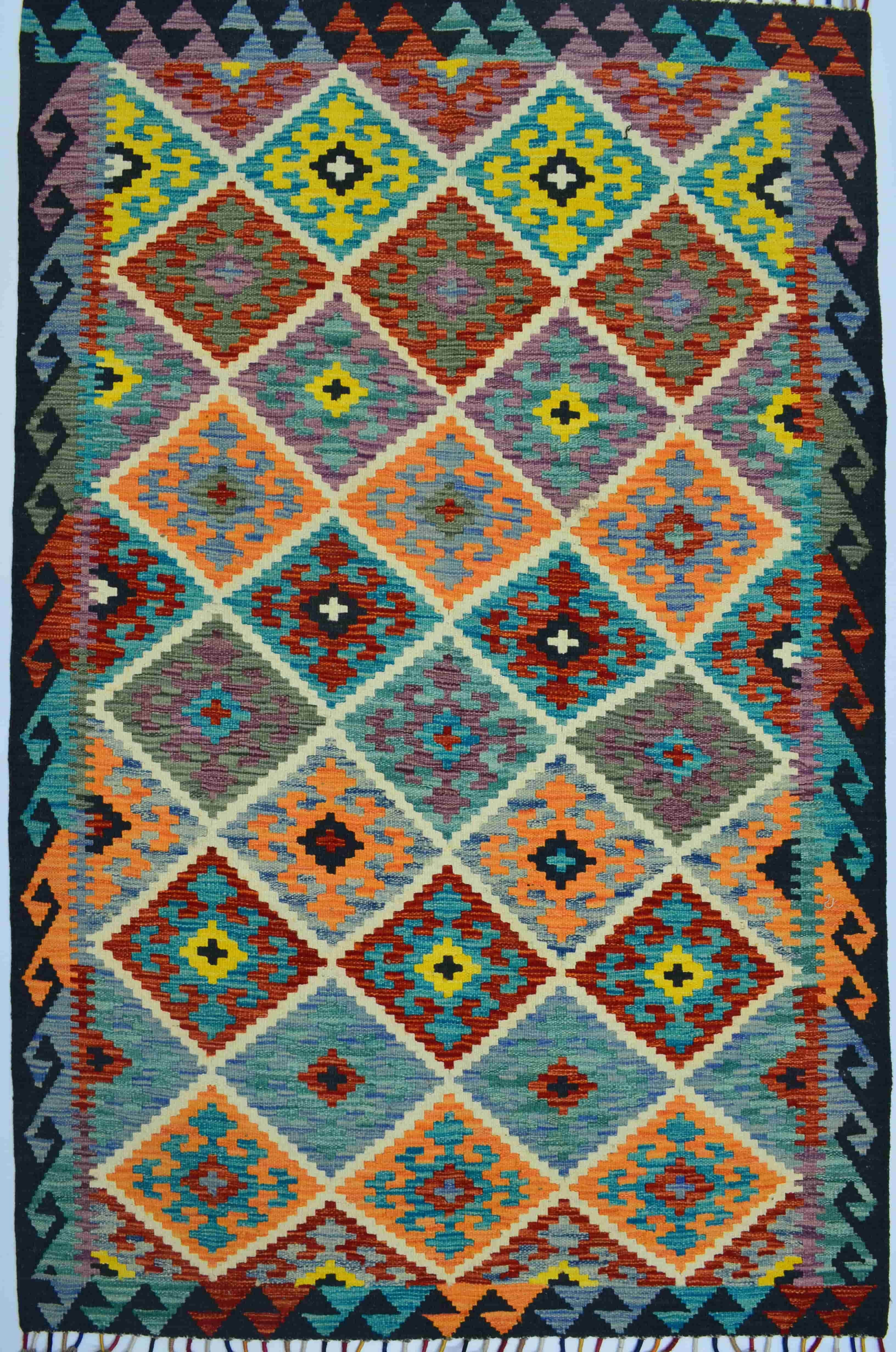 Yün İplikten El Dokuma Renkli Afgan Kilim 132x177 cm (2.34 m²)