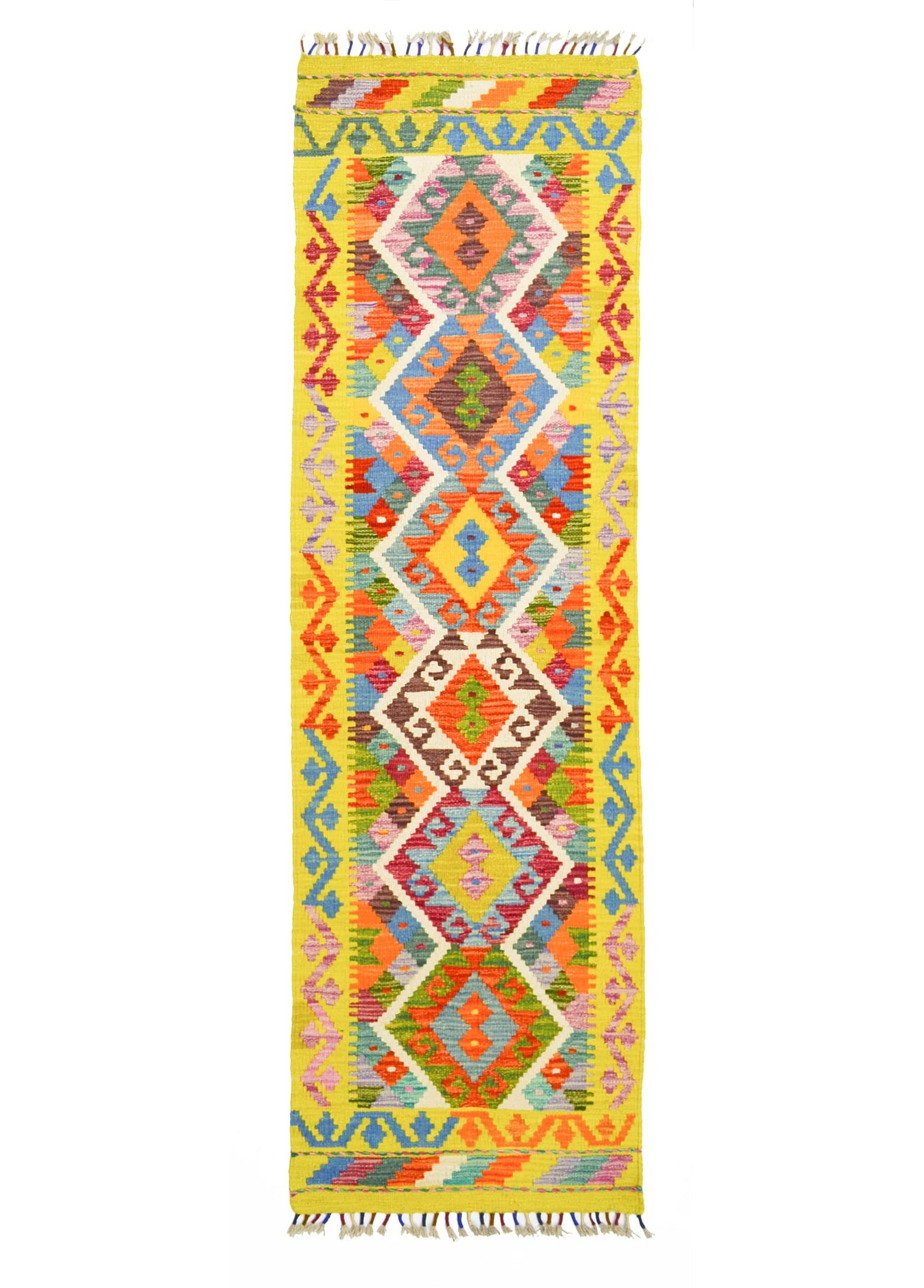 Yün İplikten El Dokuma Yeşil Renk Afgan Kilim Yolluk 57x212 cm (1.21 m²)