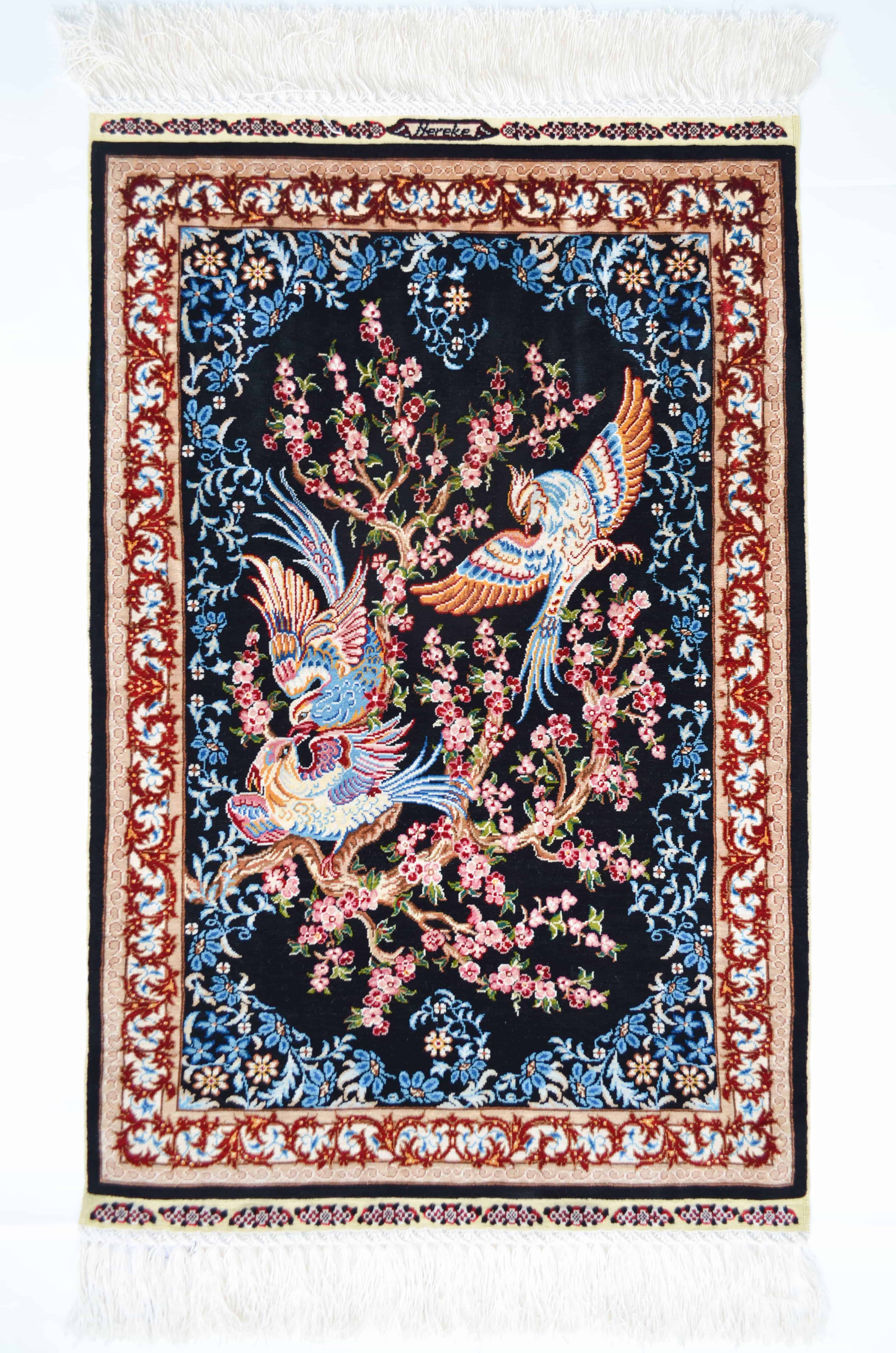 Kuş Motifli Saf İpek El Dokuma Duvar Halısı (50x77 cm)