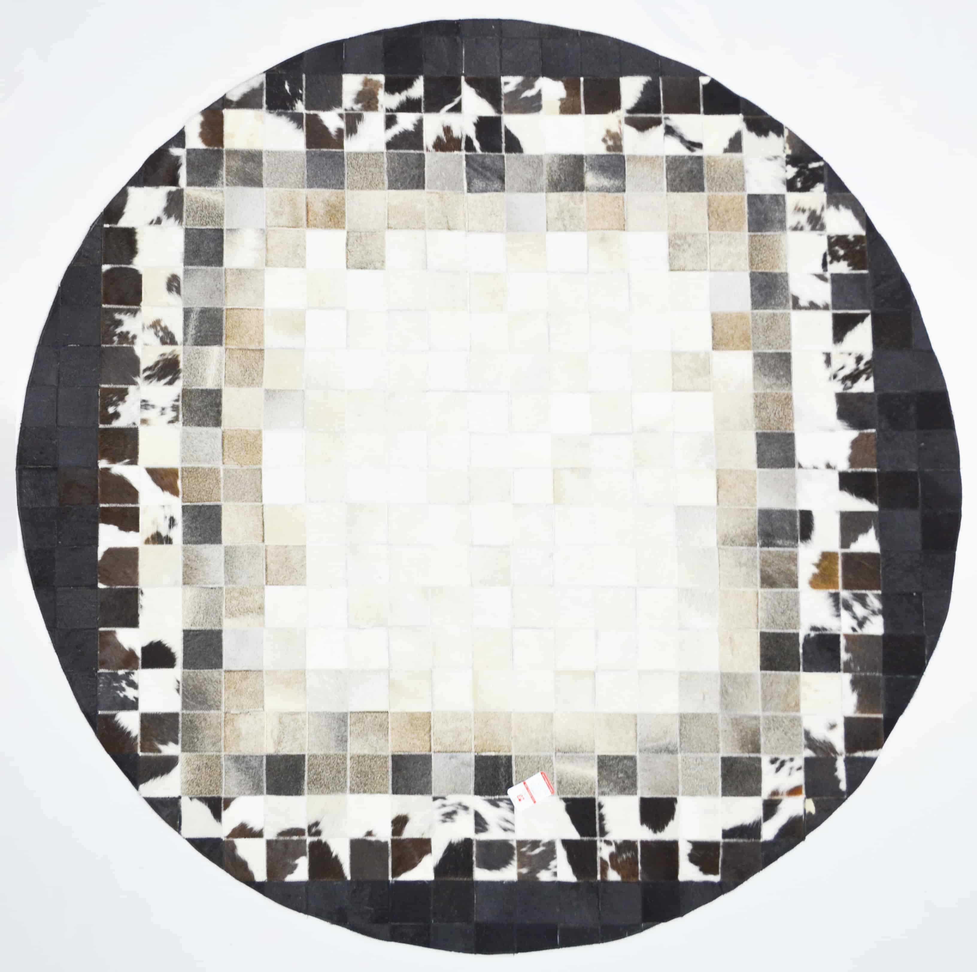Siyah ve Beyaz Renk Ombre Geçişli Yuvarlak Deri Patchwork Halı 160x160 cm (2,56 m²)