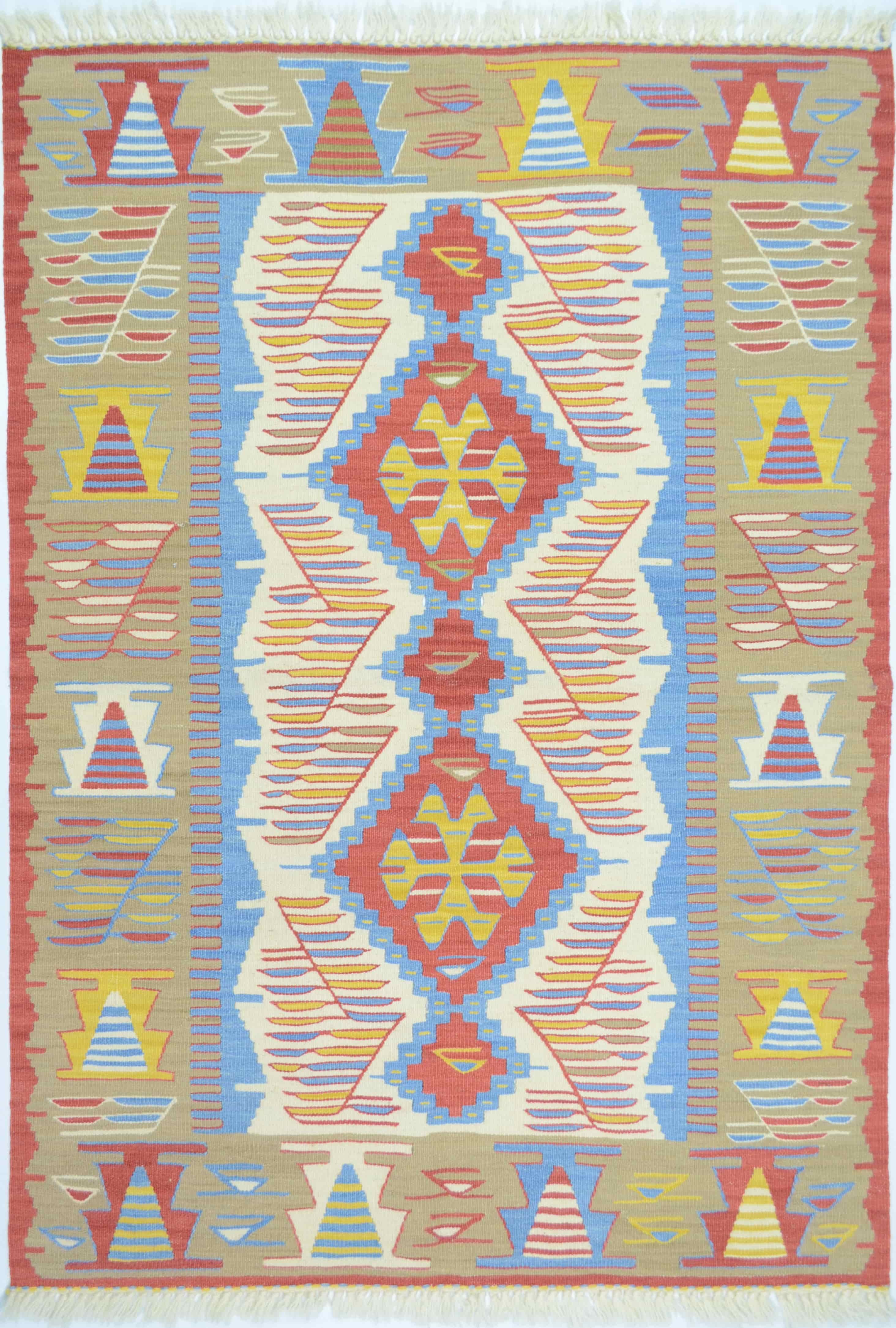 Uşak Yünden El Dokuma Yeşil, Mavi ve Kırmızı Renk Kilim 90x120 cm (1,08 m²)
