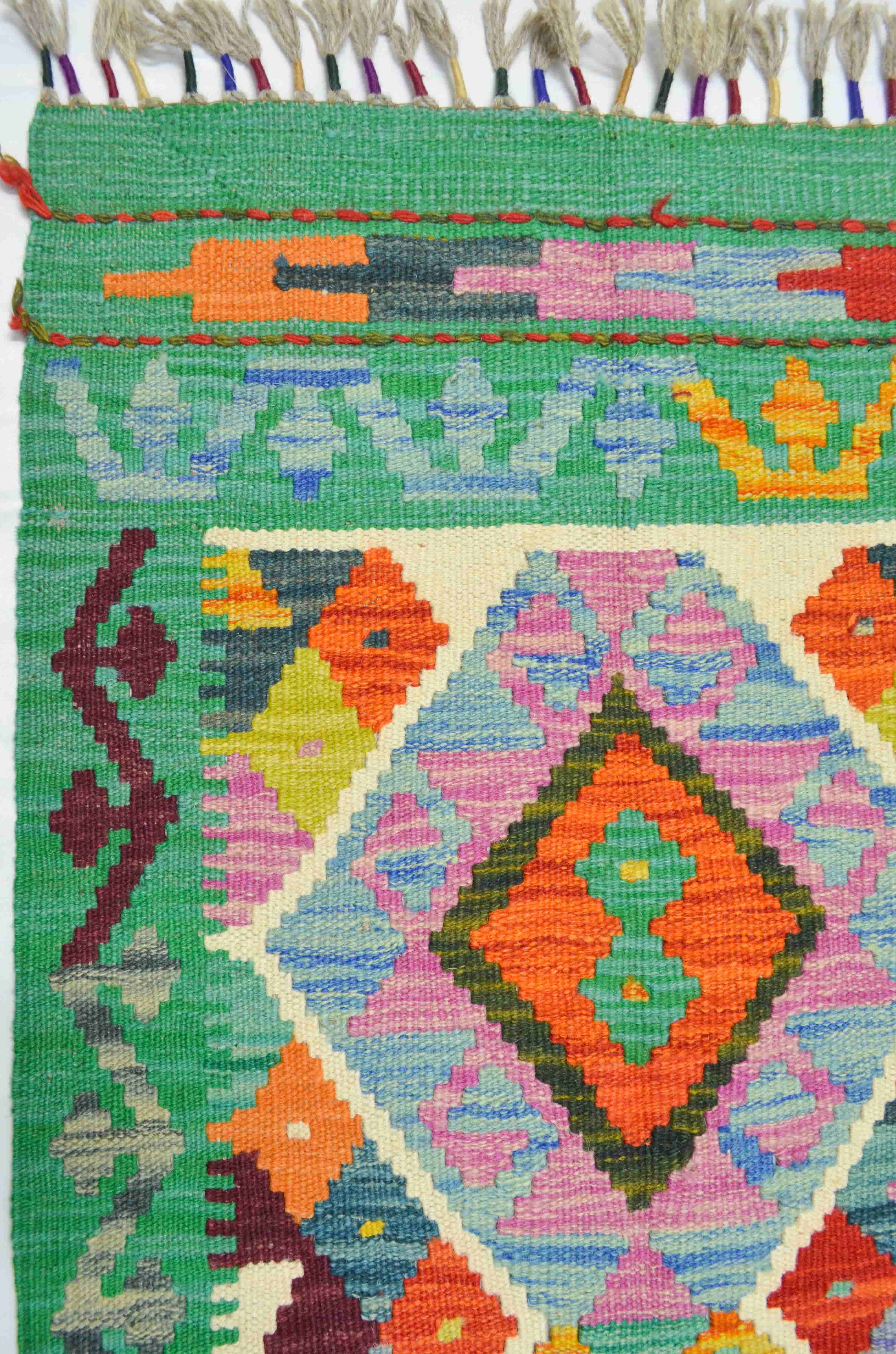 Yün İplikten El Dokuma Yeşil Afgan Kilim Yolluk 56x200 cm (1.12 m²)