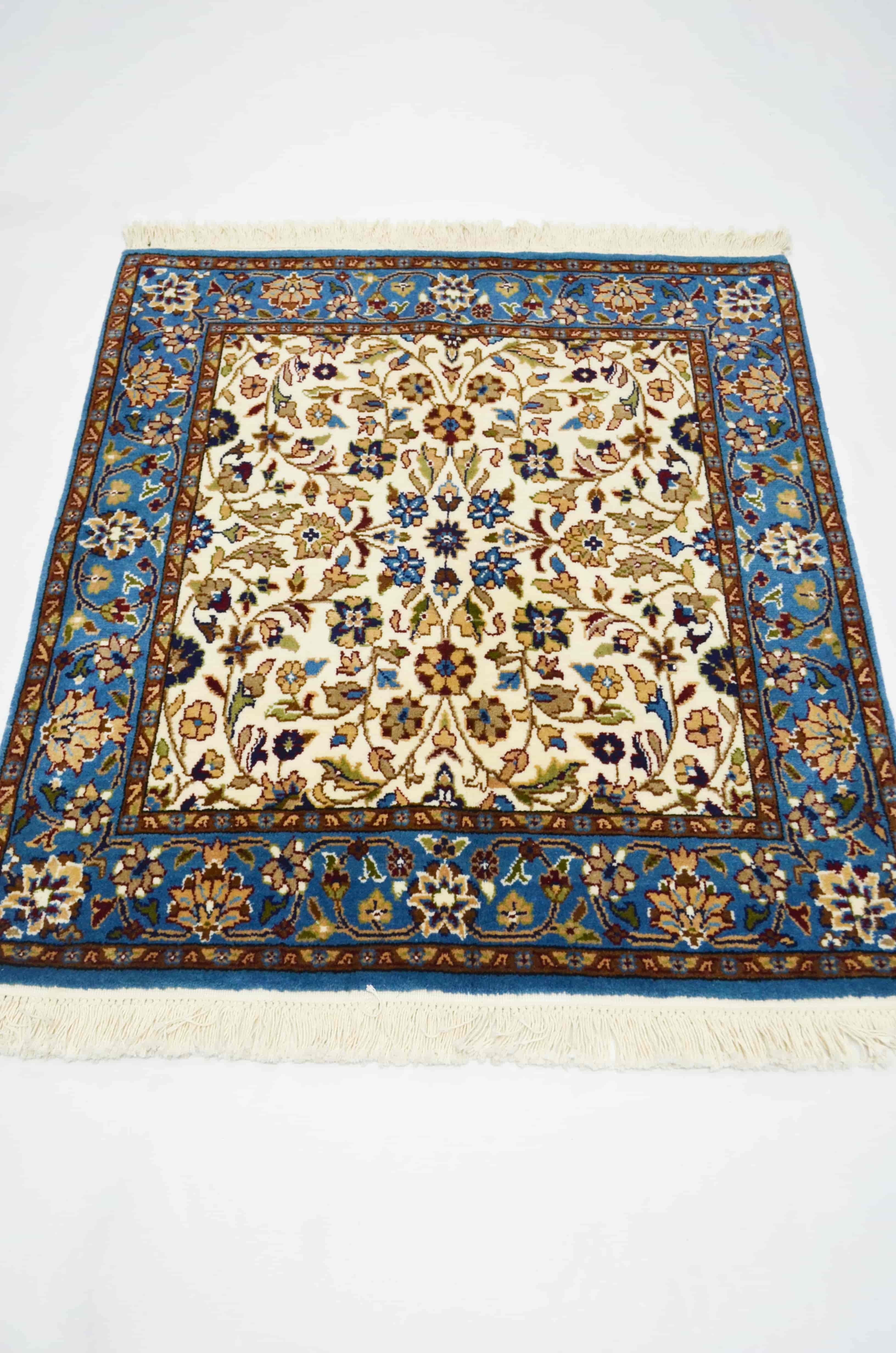 İran El Dokuma Kare Krem ve Mavi Renk Yün Halı 100x100 cm (1 m²)