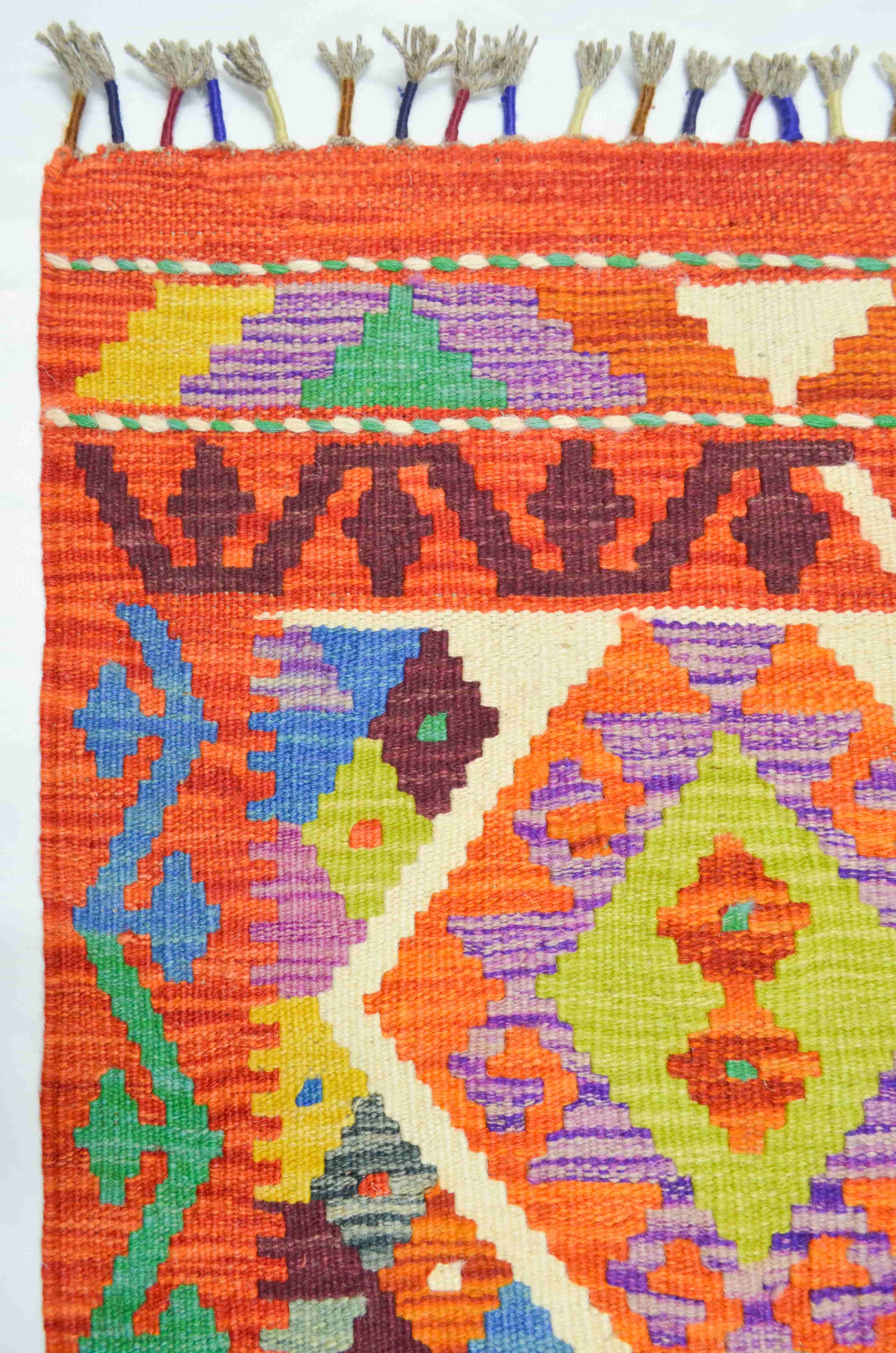 Yün İplikten El Dokuma Turuncu Renk Afgan Kilim Yolluk 86x207 cm (1.78 m²)