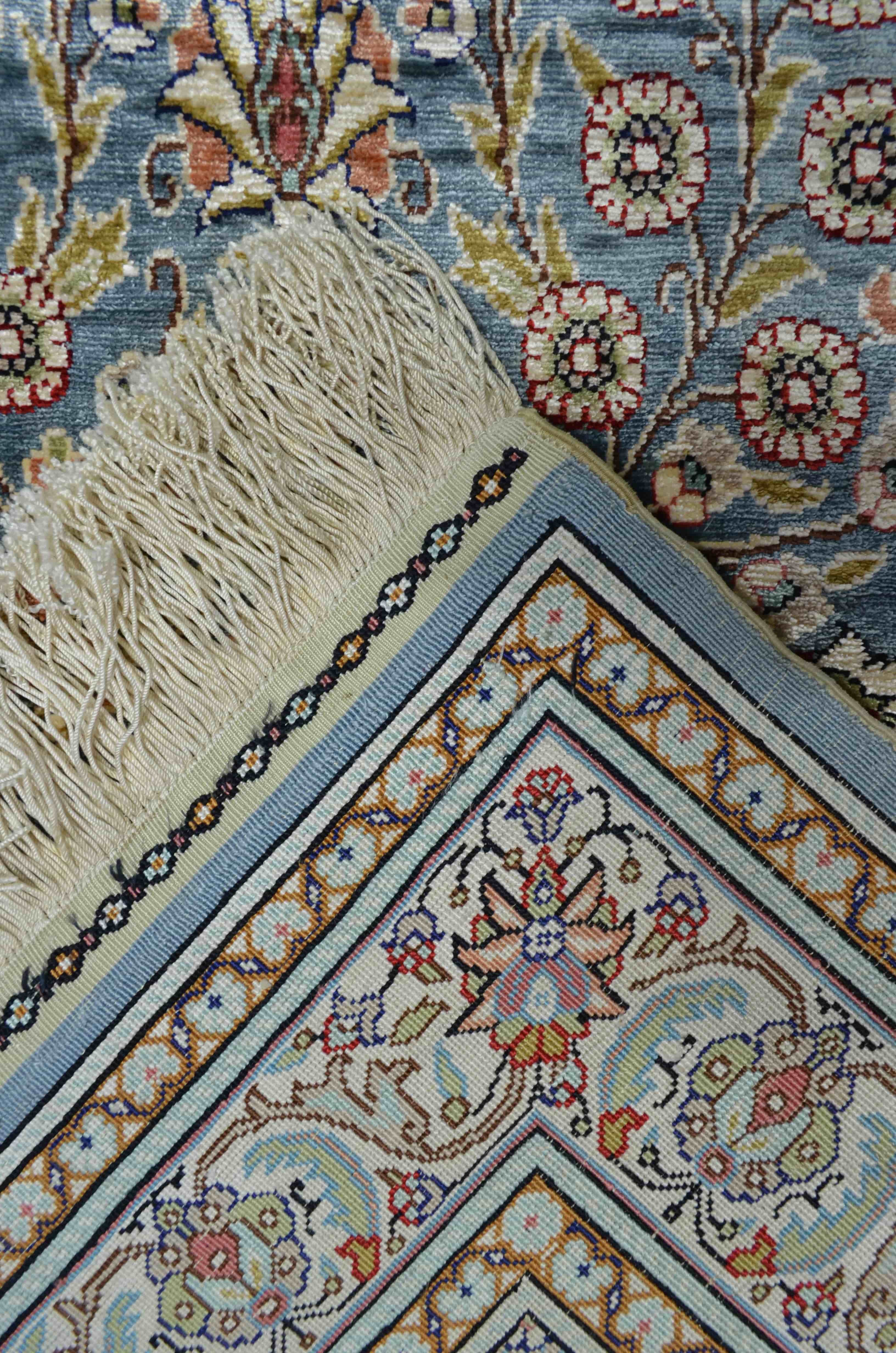Saf İpekten El Dokuma Çelik Mavisi Kayseri Halısı Yolluk 85x220 cm (1.87 m²)