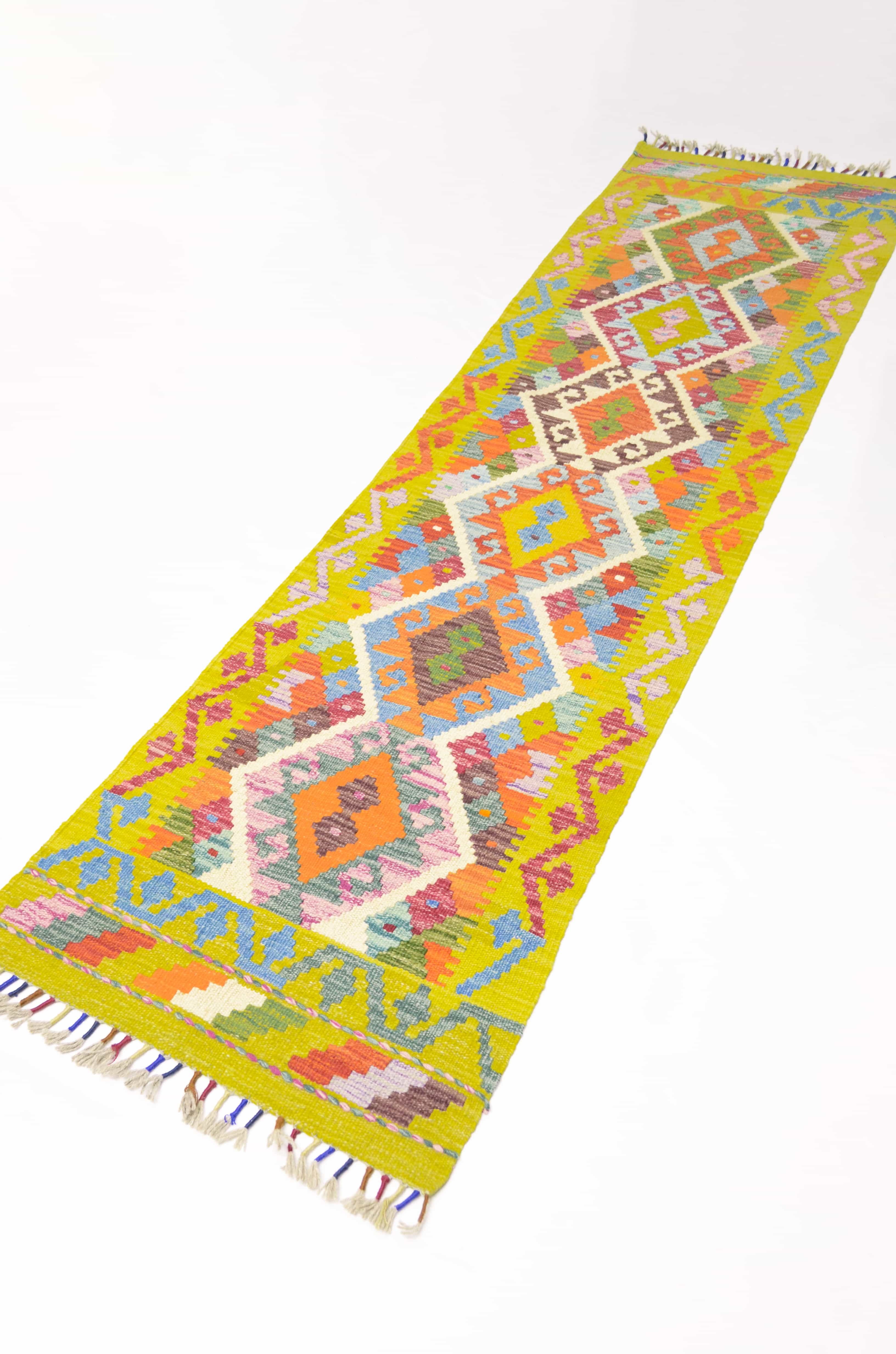 Yün İplikten El Dokuma Yeşil Renk Afgan Kilim Yolluk 57x212 cm (1.21 m²)