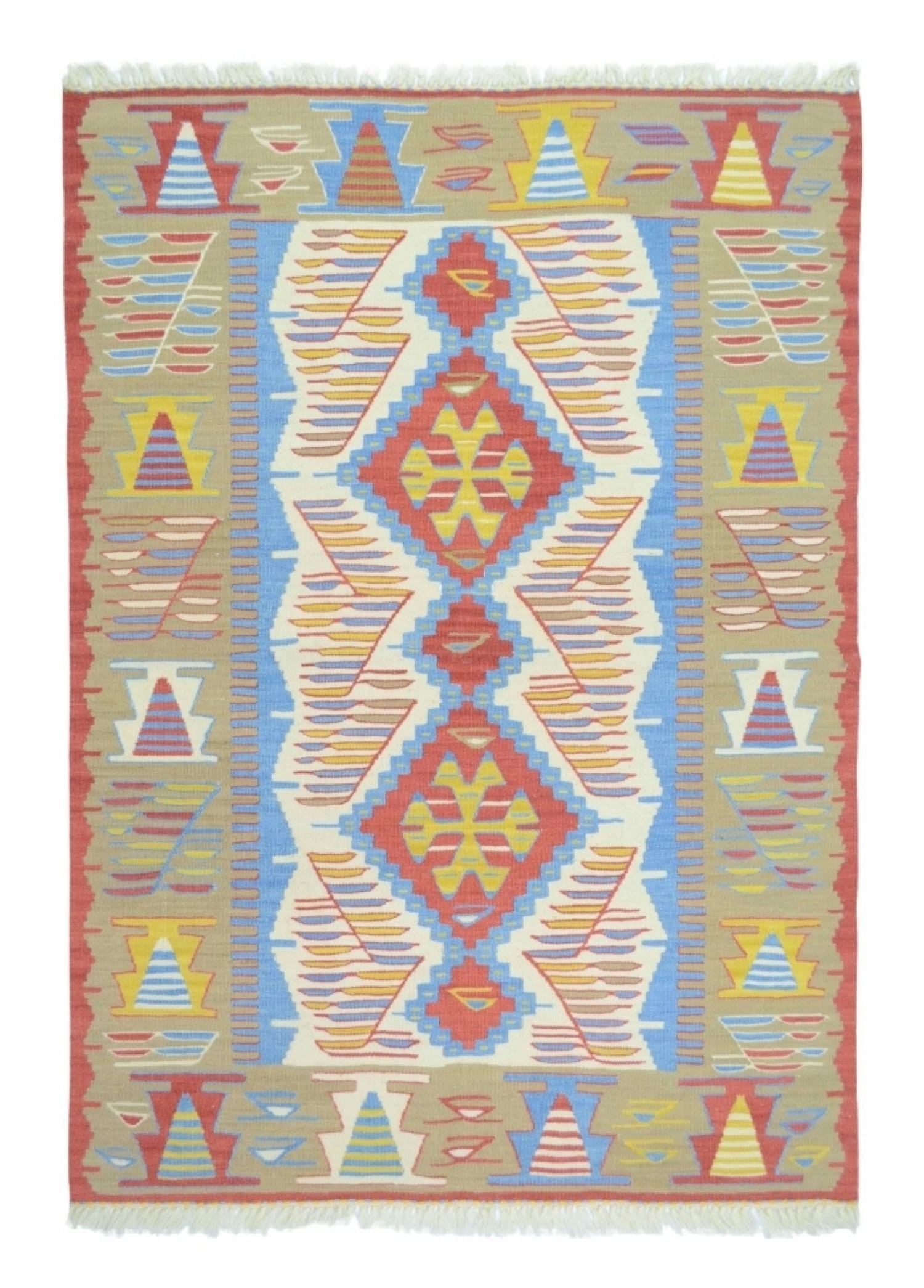 Uşak Yünden El Dokuma Yeşil, Mavi ve Kırmızı Renk Kilim 90x120 cm (1,08 m²)