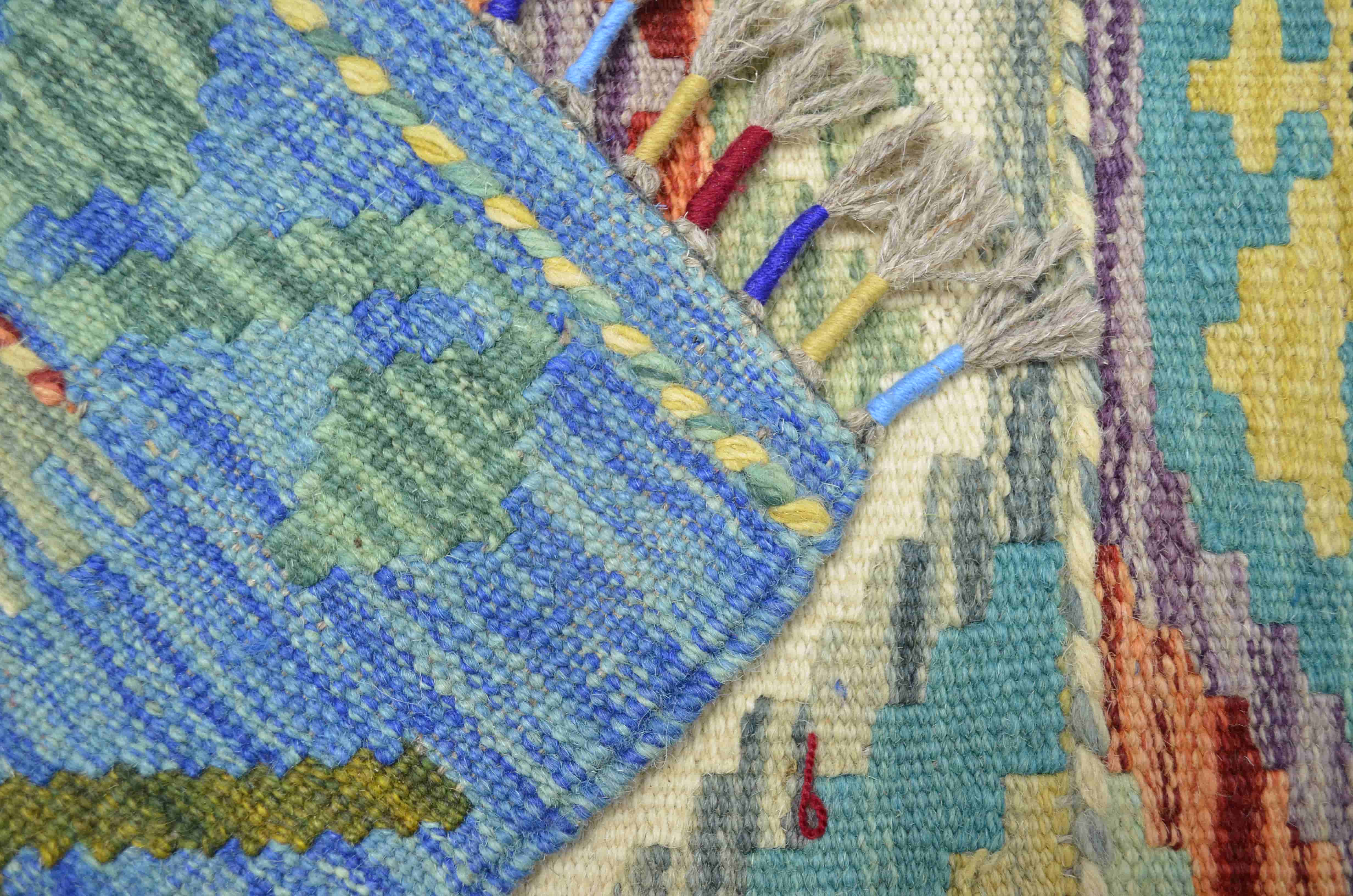 Yün İplikten El Dokuma Turkuaz Renk Afgan Kilim 61x88 cm (0.53 m²)