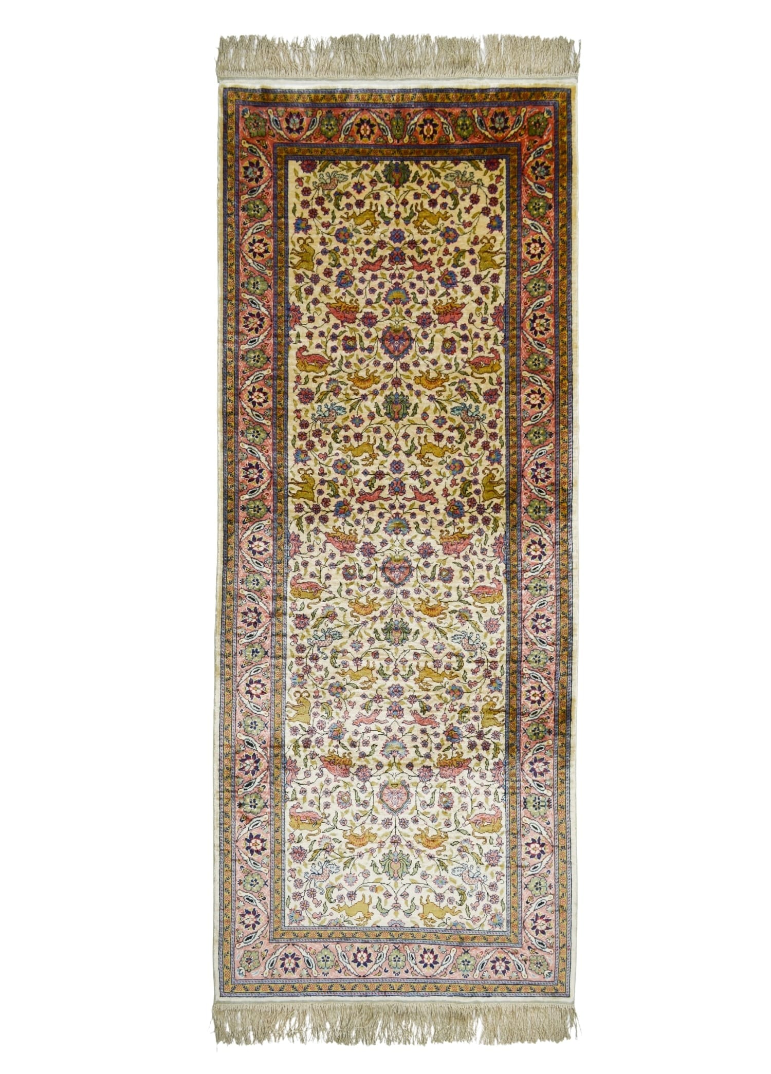 Saf İpekten El Dokuma Krem & Pembe Renk Kayseri Halısı Yolluk 82x200 cm (1.64 m²)