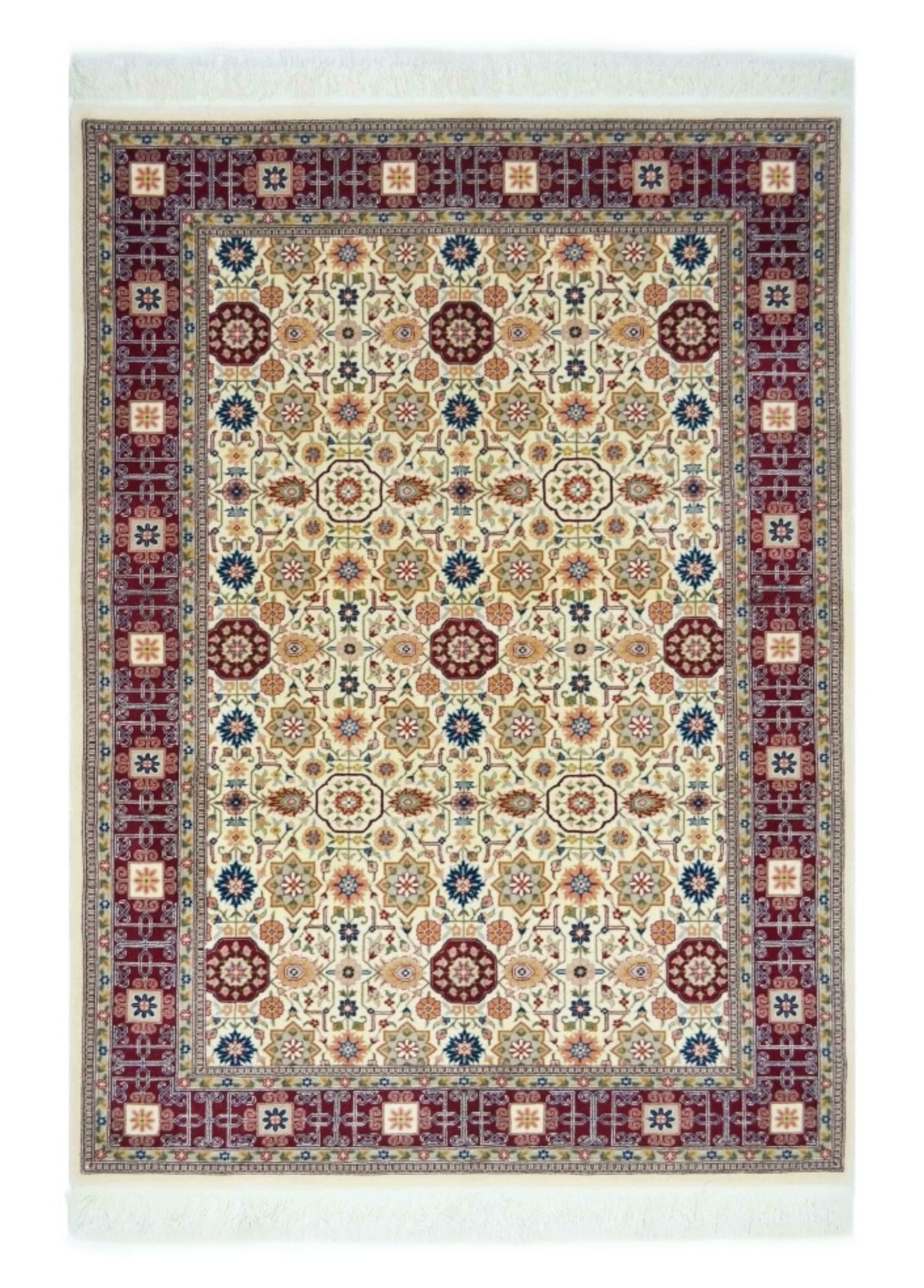 Kafkas Model Bordo ve Bej Renk Yünden El Dokuma Hereke Halısı 124x185 cm (2.29 m²)