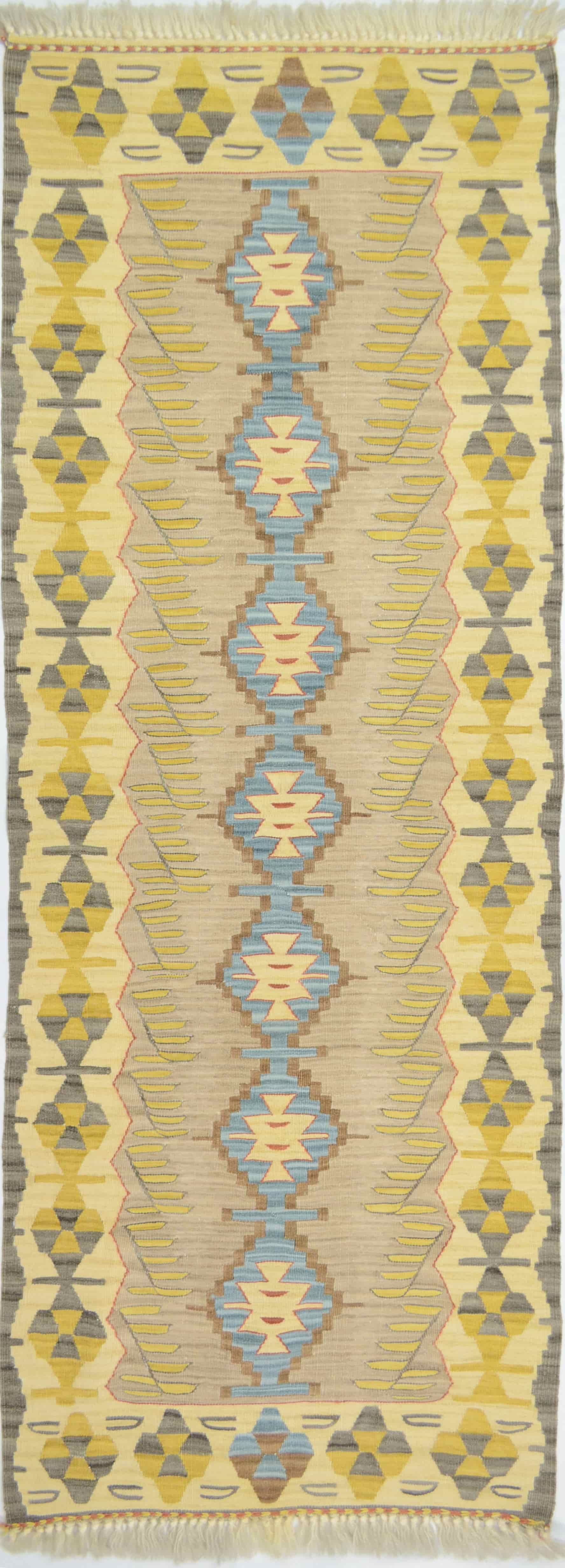Yüksek kalite Uşak Yünden El Dokuma Sarı ve Mavi Renk Kilim Yolluk 60x170 cm (1,02 m²)
