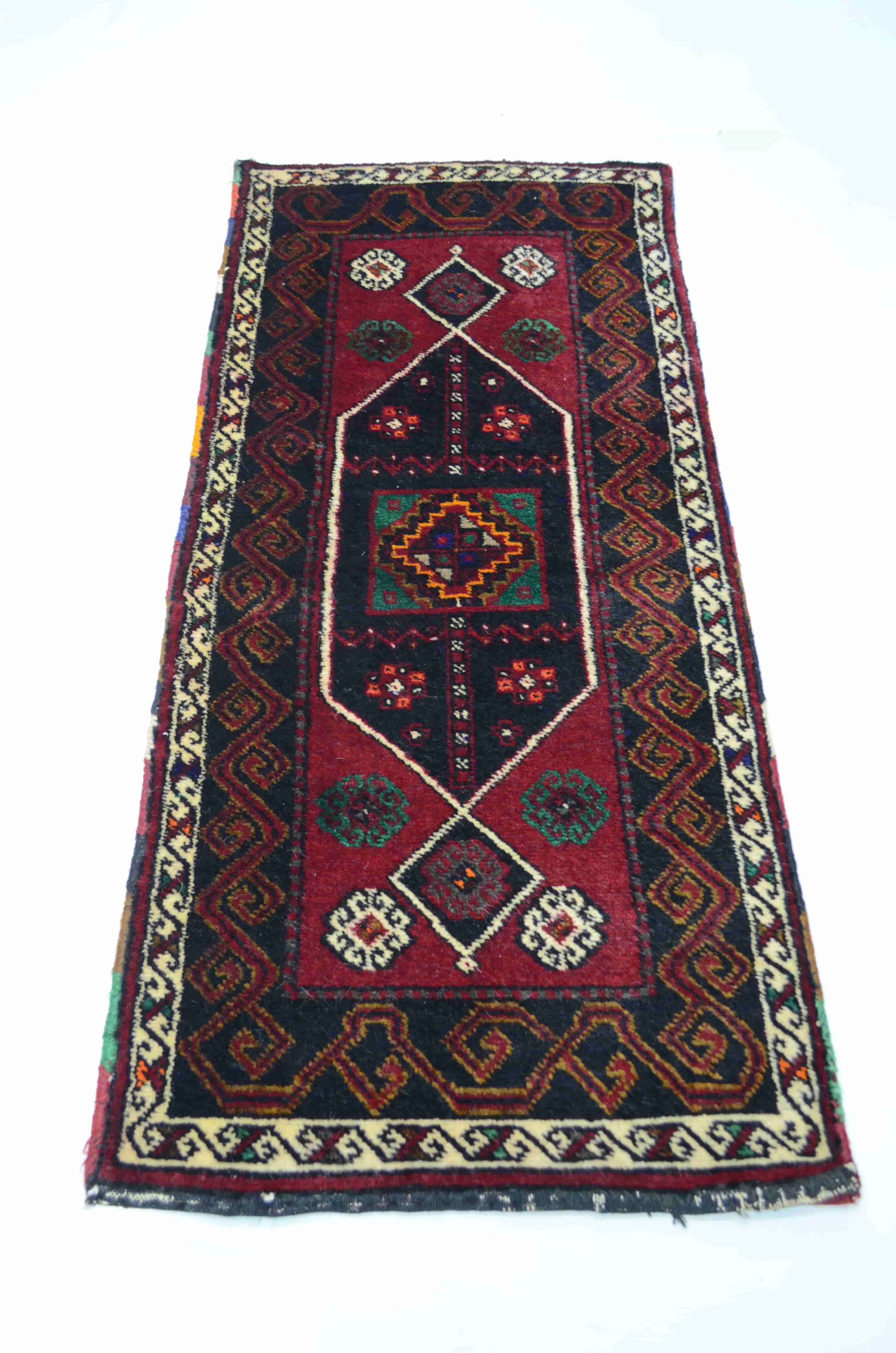 Vintage Sivas Kangal El Dokuma Bordo ve Siyah Renk Yün Yastık Kilim 56x118 cm (0,66 m²)