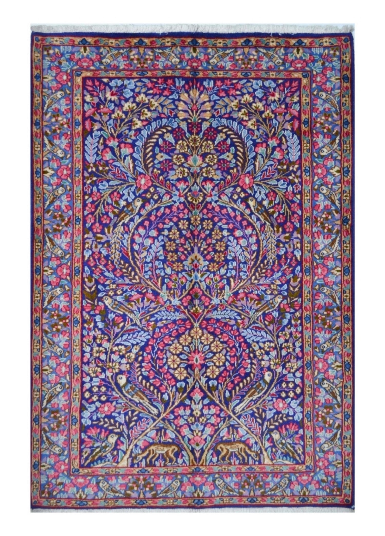 İran Kirman Halısı, El Dokuma, Doğa Tasvirli Mavi Renk 100x146 cm (1.46 m²)