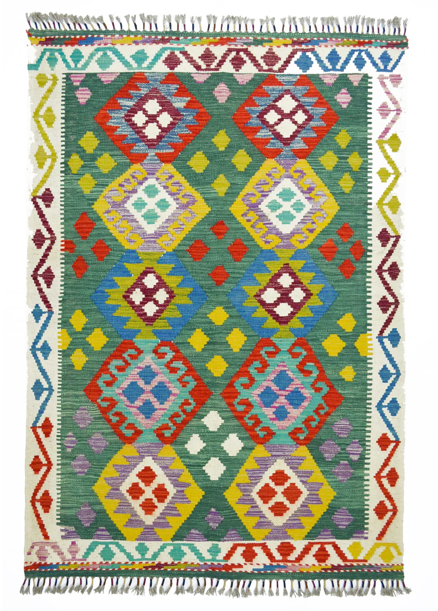 Yün İplikten El Dokuma Yeşil ve Krem Renk Afgan Kilim 111x159 cm (1.76 m²)