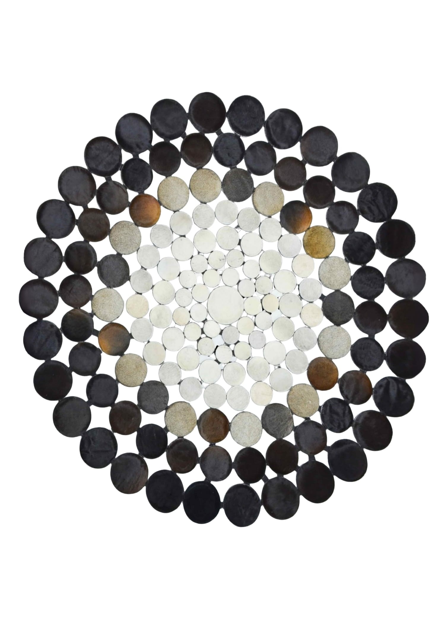Siyah ve Beyaz Renk Ombre Geçişli Yuvarlak Deri Patchwork Halı 160x160 cm (2,56 m²)