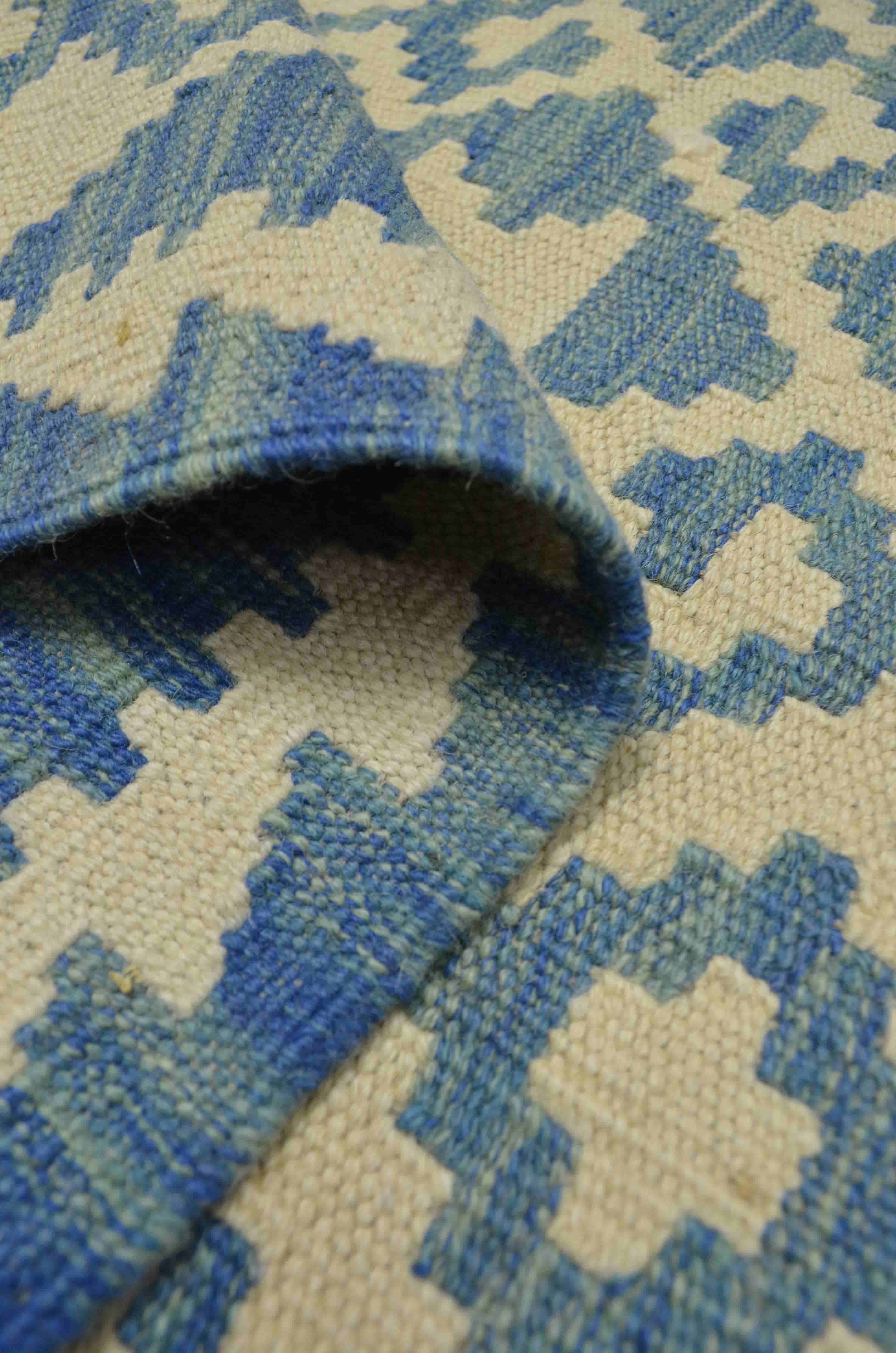 Yün İplikten El Dokuma Krem ve Mavi Renk Afgan Kilim 83x127 cm (1.05 m²)