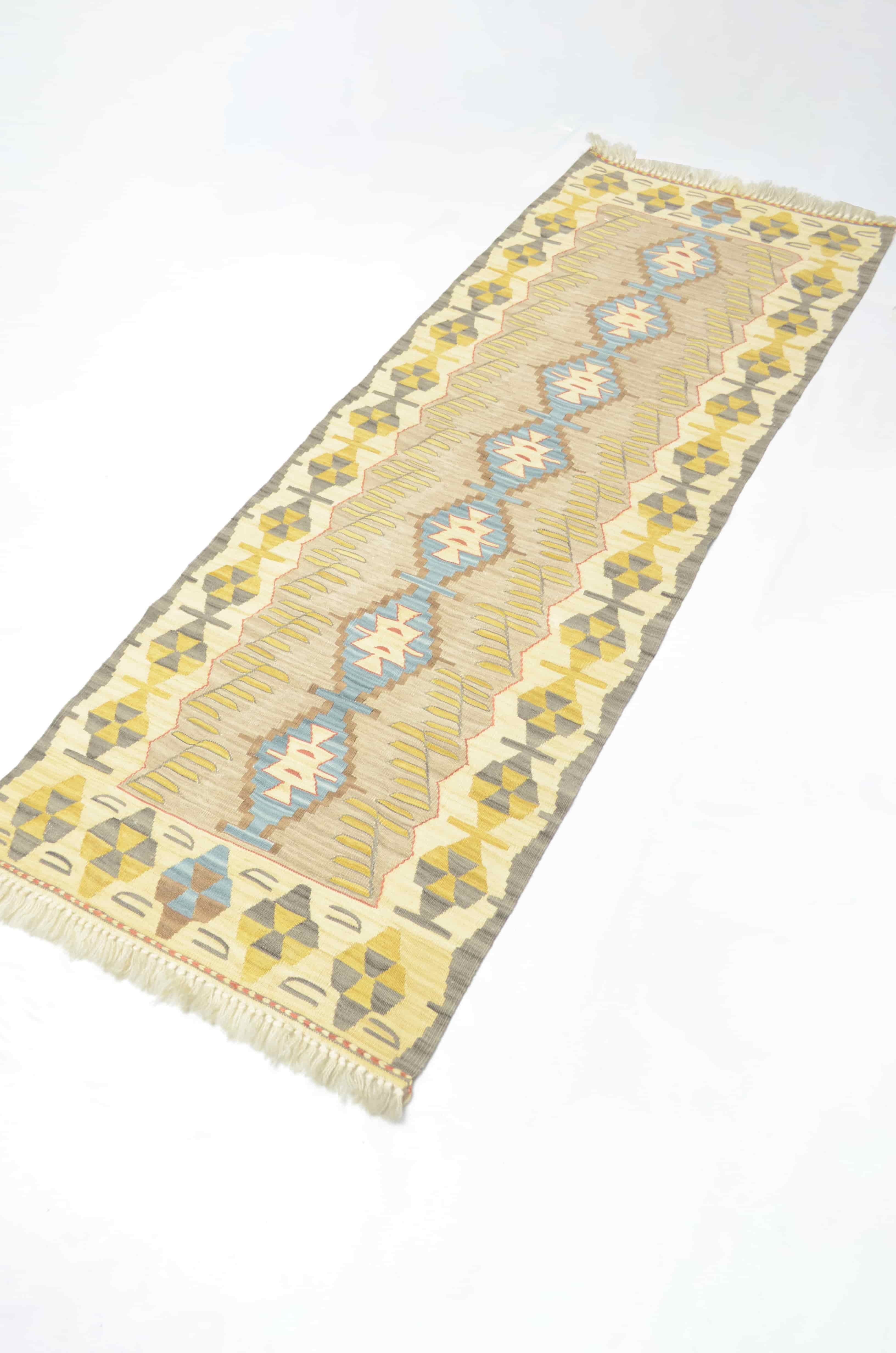El Dokuma Sarı ve Mavi Renk Uşak Kilim Yolluk 60x170 cm (1,02 m²)