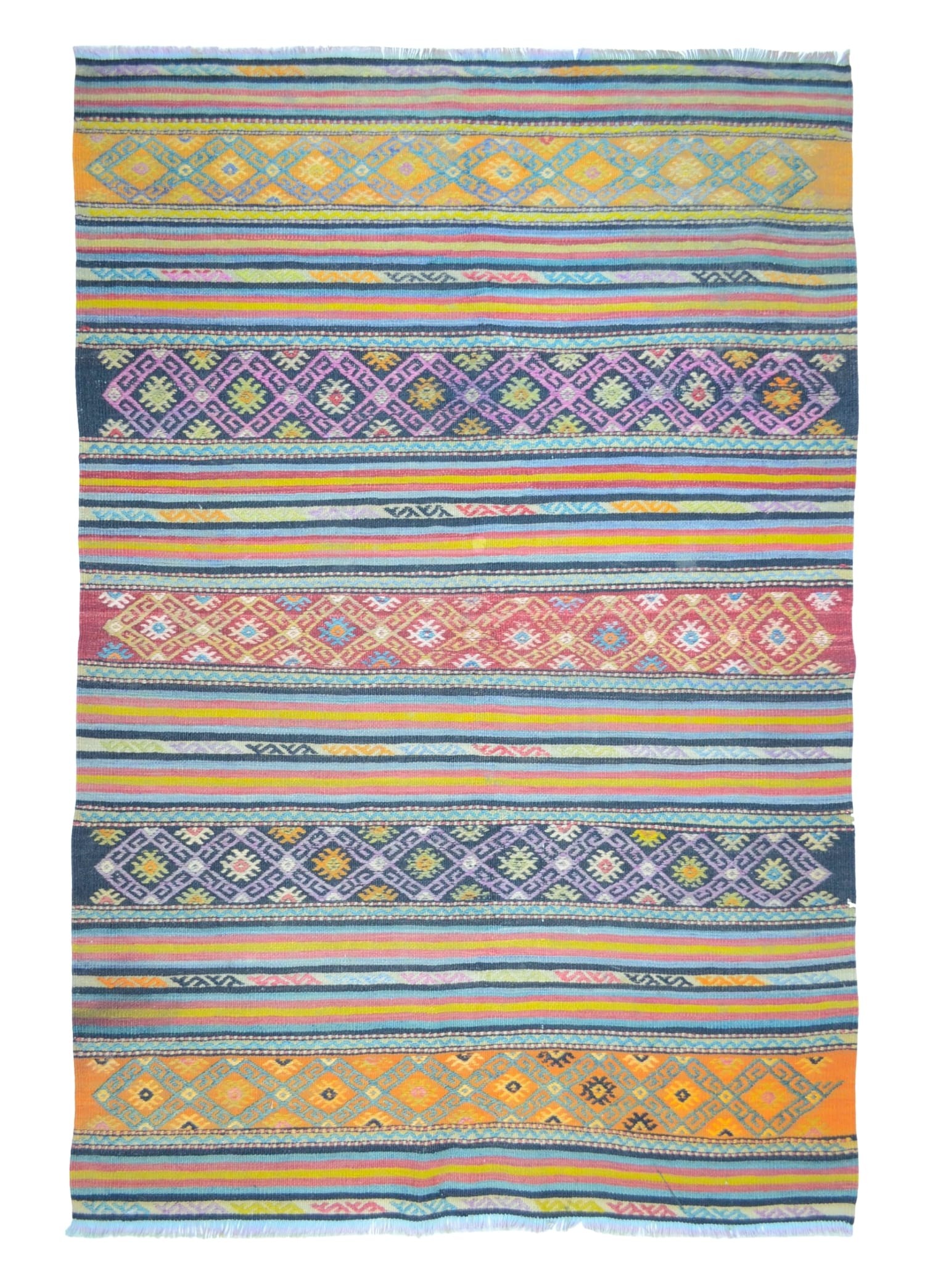 Uşak Cicim Kilim Yünden El Dokuma Turuncu, Kırmızı ve Mavi Renk 105x155 cm (1,63 m²)