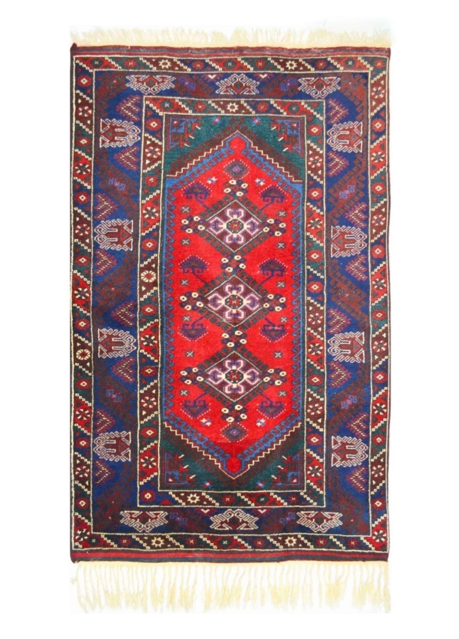 Antalya Döşemealtı El Dokuma Kırmızı ve Lacivert Renk Yün Halı 125x202 cm (2.52 m²)