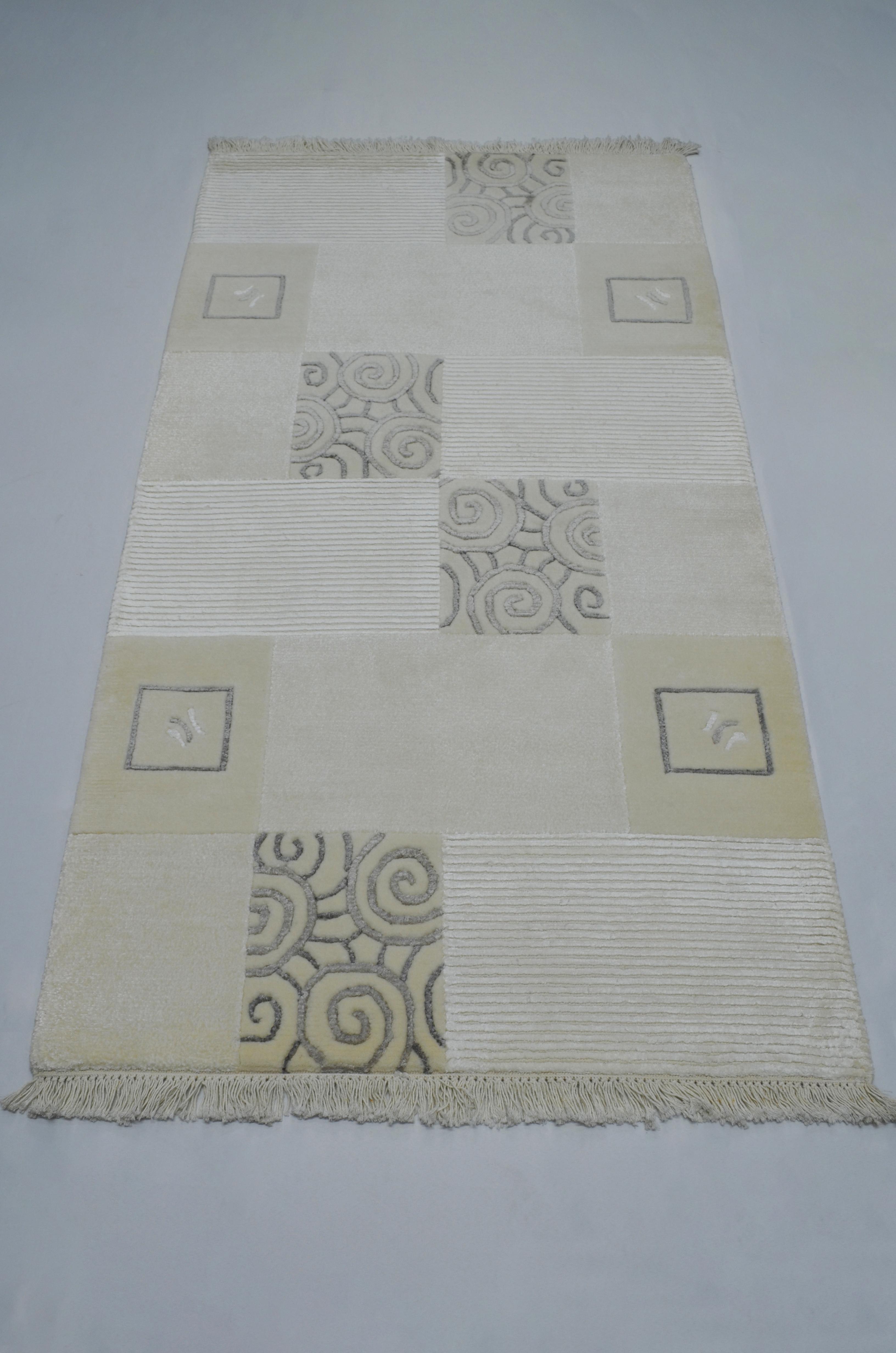 Yüksek Kalite Yünden El Dokuma Krem Renk Nepal Halısı 80x150 cm (1.2 m²)