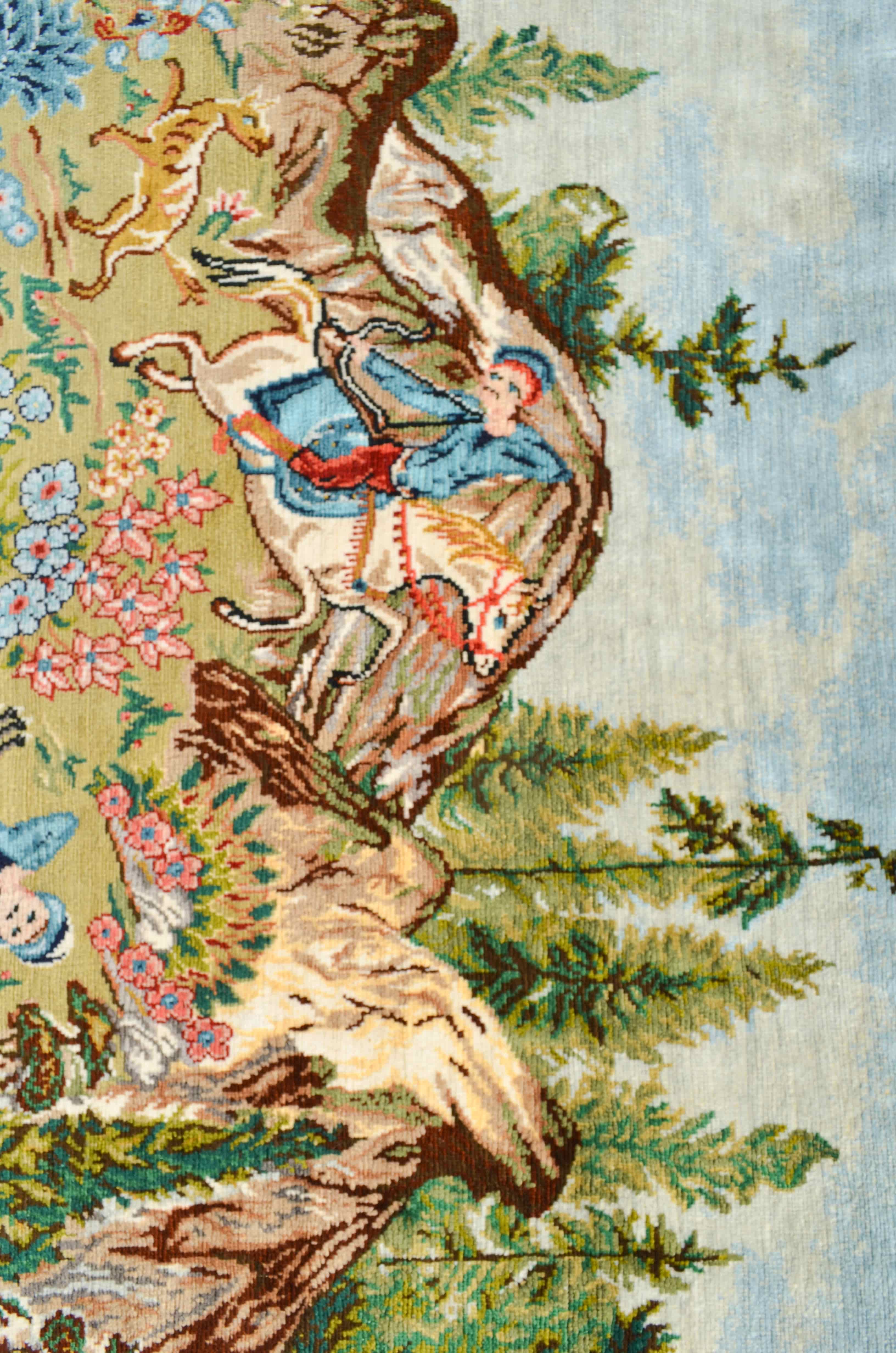 Av Sahnesi Desenli Saf İpek El Dokuma Duvar Halısı (42x60 cm)