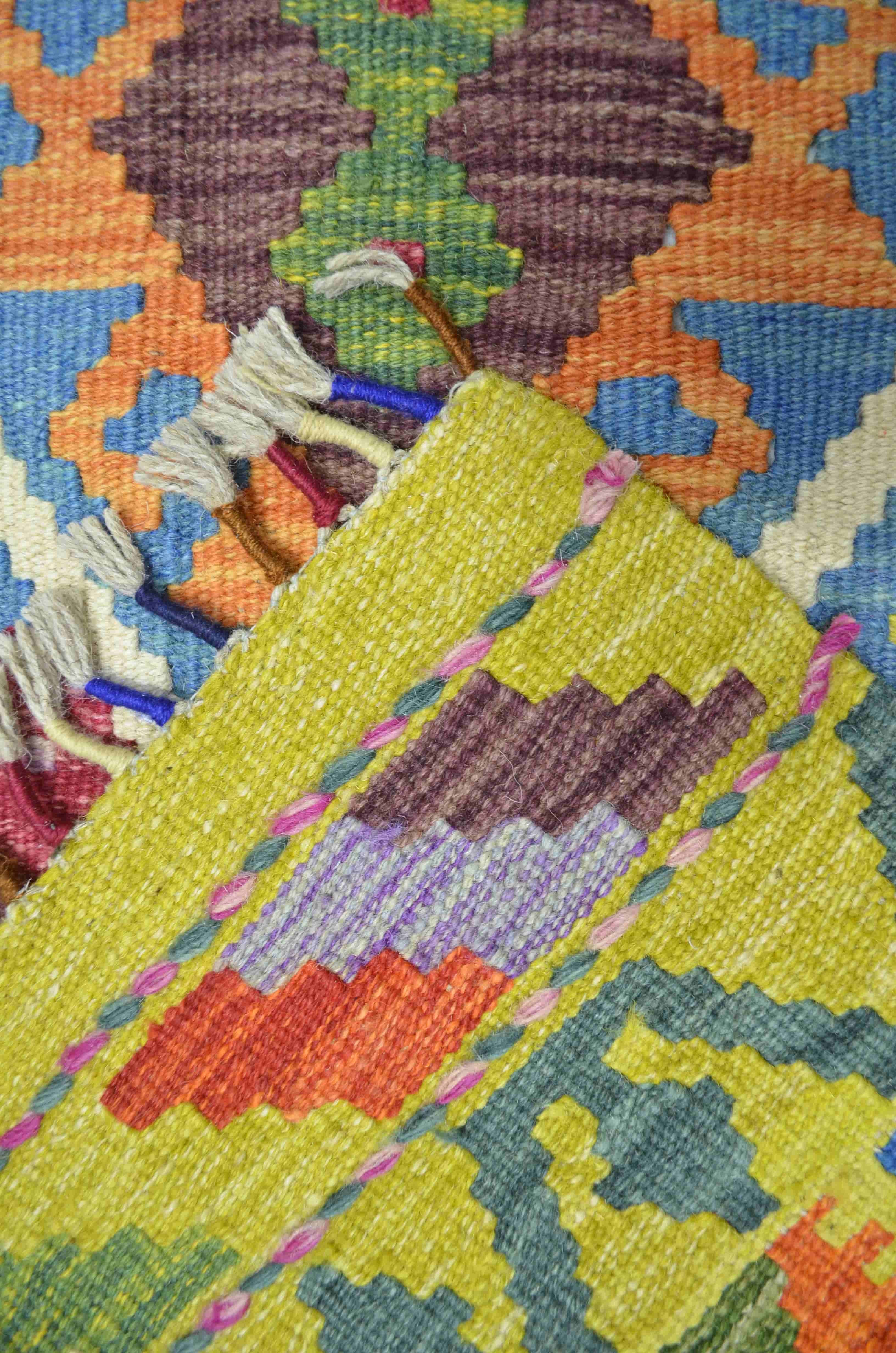 Yün İplikten El Dokuma Yeşil Renk Afgan Kilim Yolluk 57x212 cm (1.21 m²)