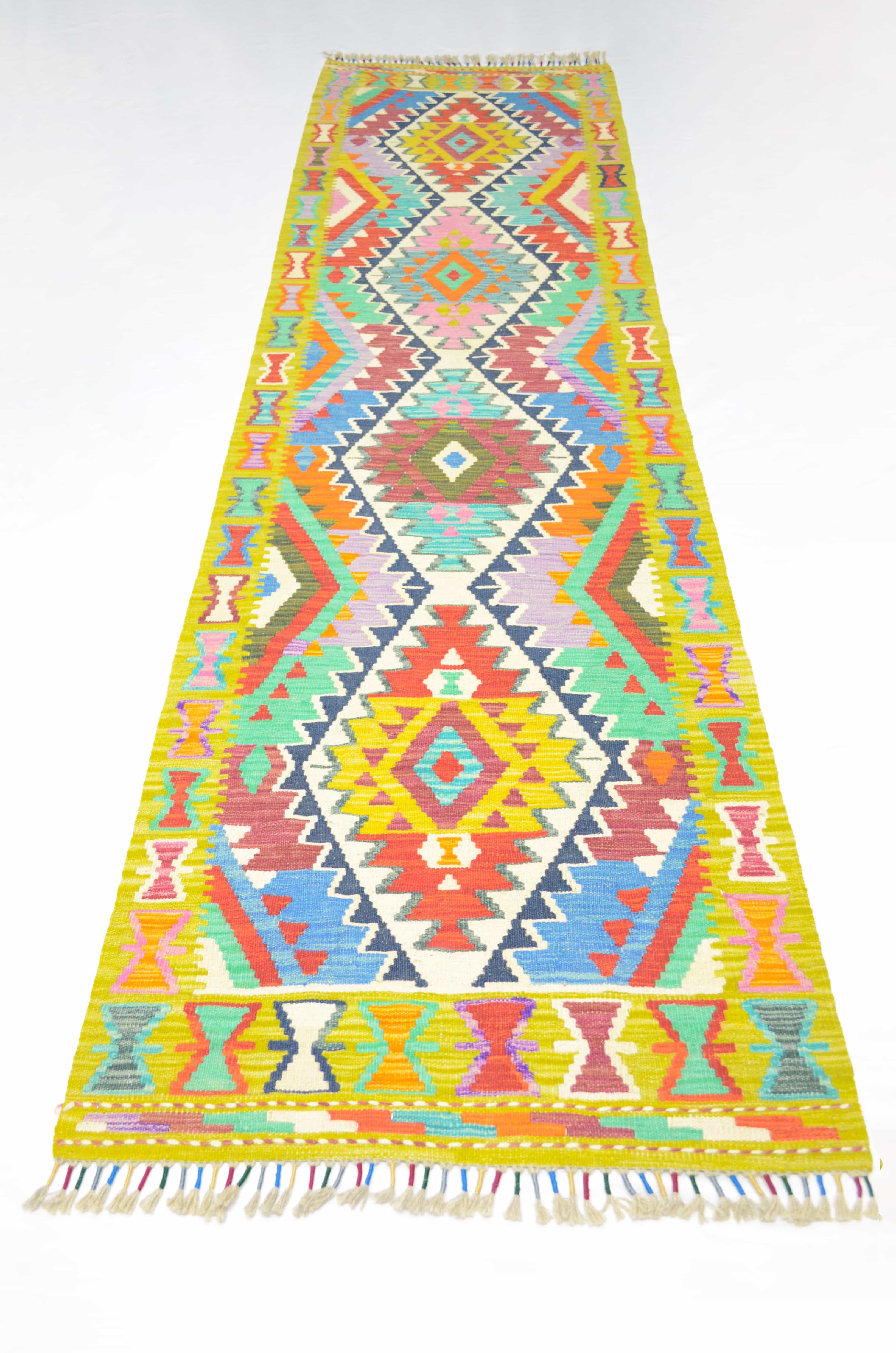 Yün İplikten El Dokuma Yeşil Renk Afgan Kilim Yolluk 82x303 cm (2.5 m²)